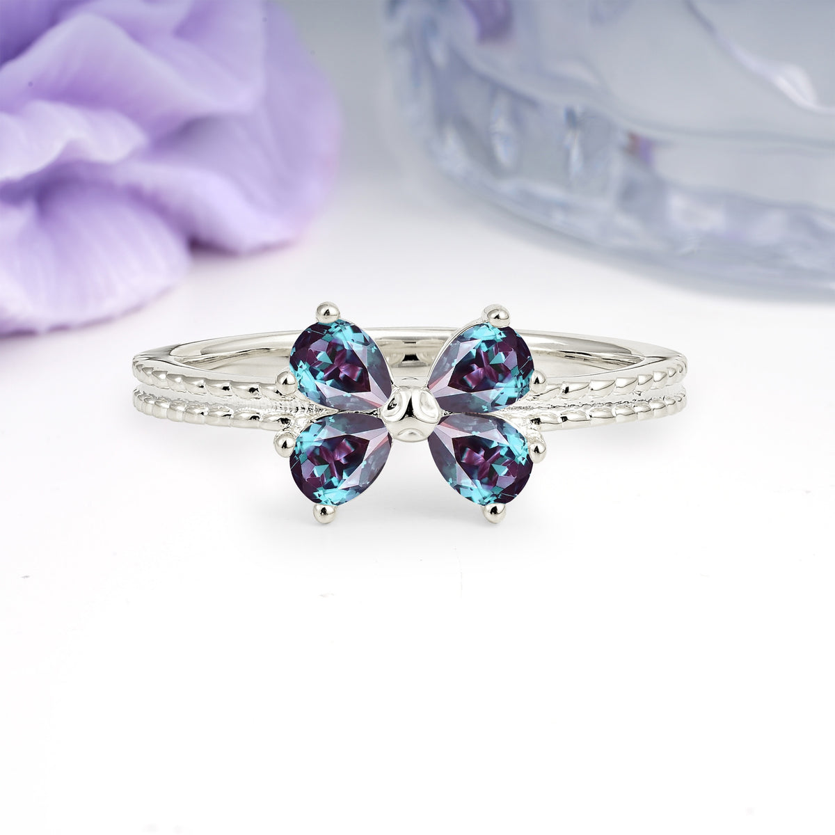Four Marquise Butterfly Solitaire Milgrain Double Band Alexandrite Engagement Ring - Additional view