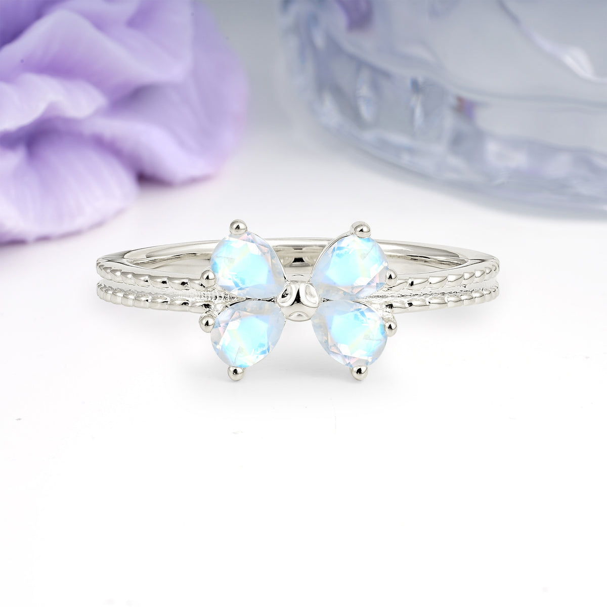 Four Marquise Butterfly Solitaire Milgrain Double Band Moonstone Engagement Ring - Additional view