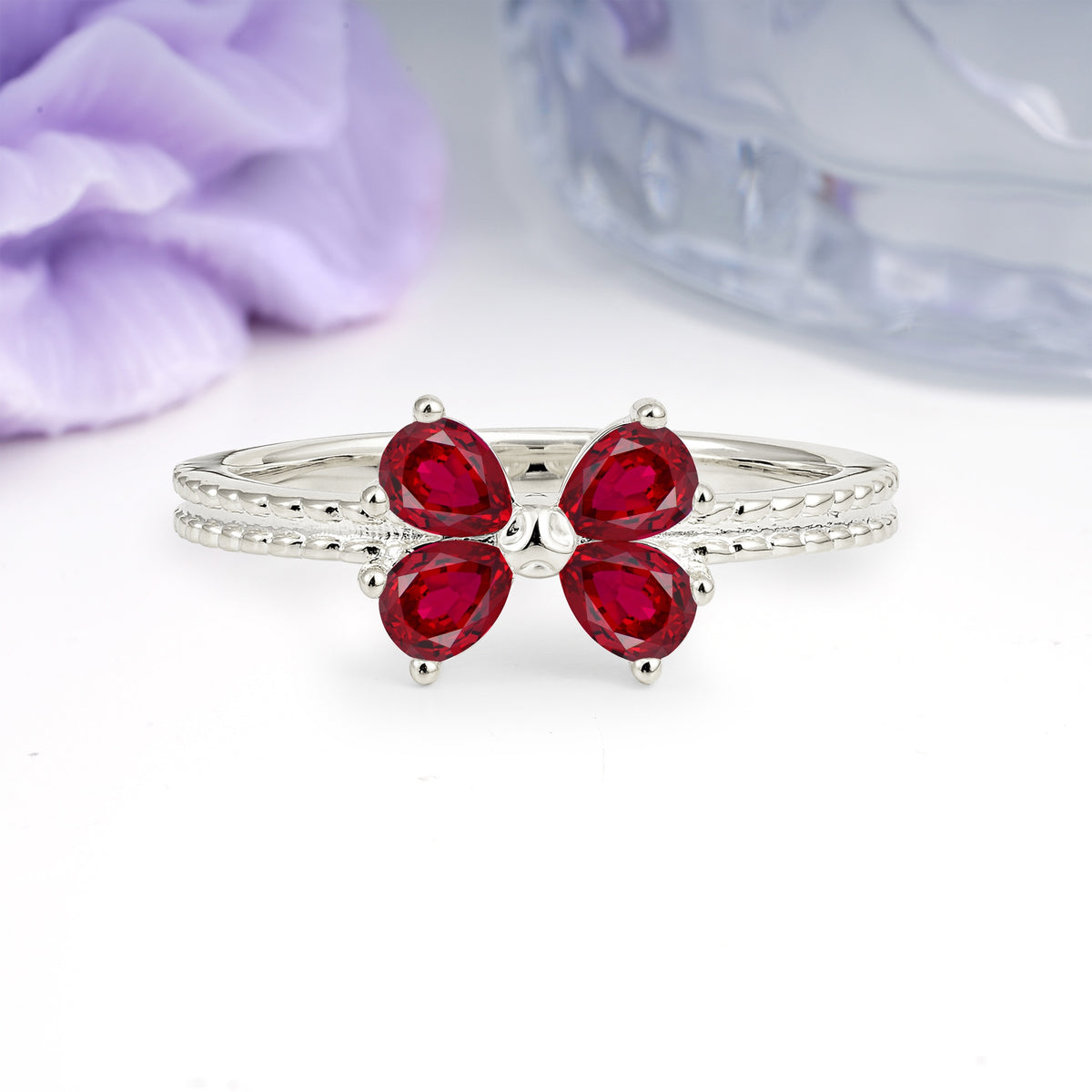Four Marquise Butterfly Solitaire Milgrain Double Band Ruby Engagement Ring - Additional view