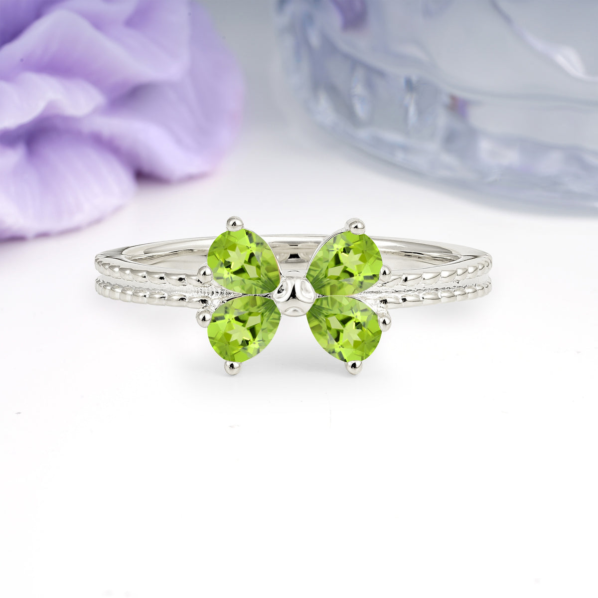 Four Marquise Butterfly Solitaire Milgrain Double Band Peridot Engagement Ring - Additional view