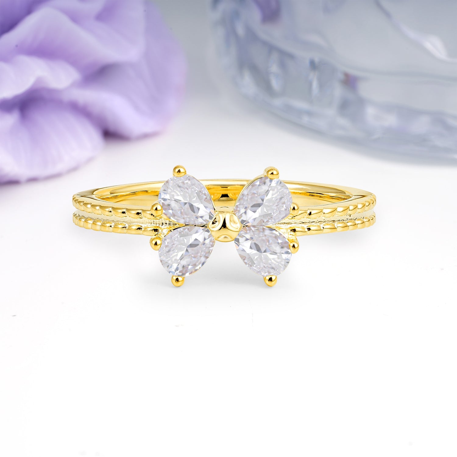 Four Marquise Butterfly Solitaire Milgrain Double Band Moissanite Engagement Ring - Additional view