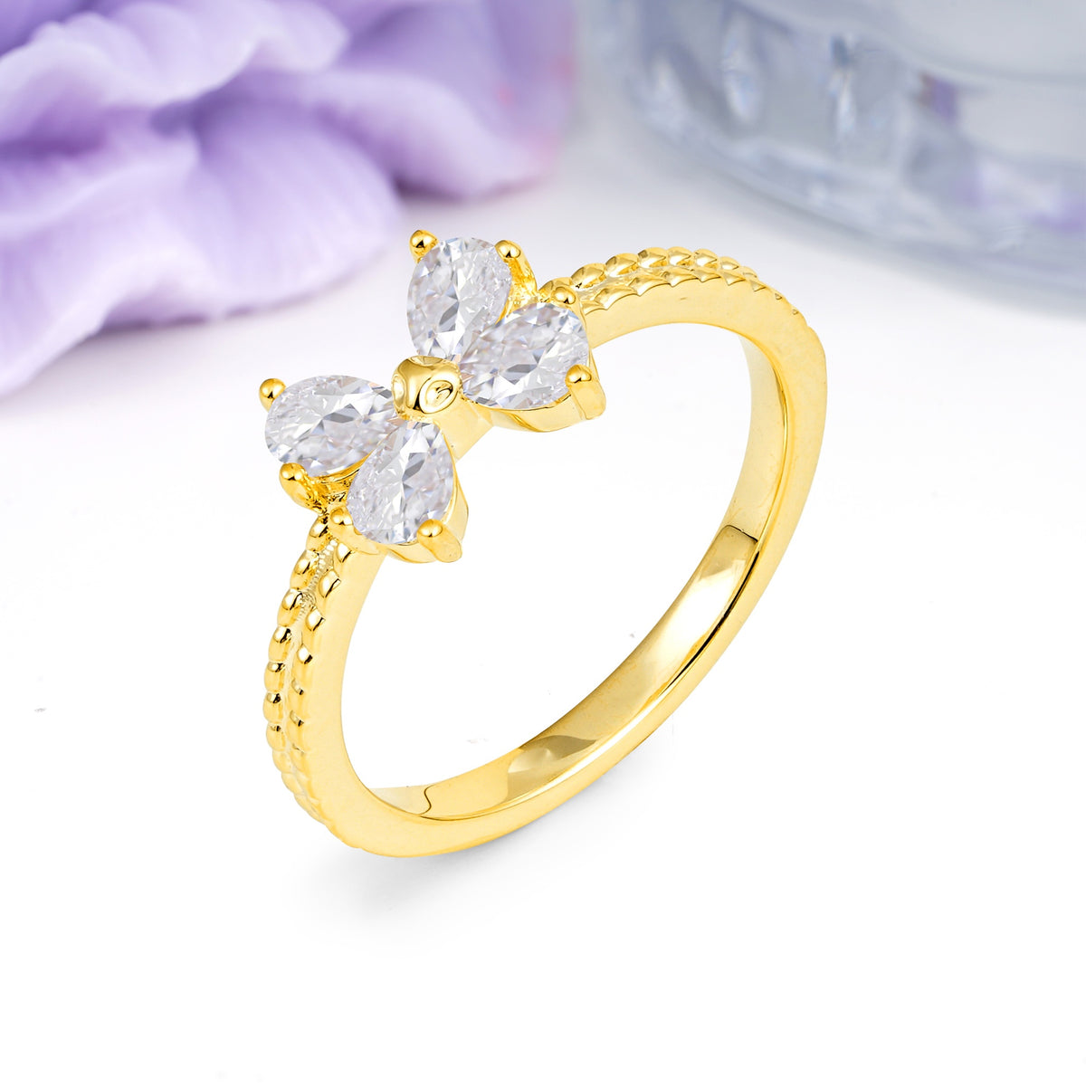 Four Marquise Butterfly Solitaire Milgrain Double Band Moissanite Engagement Ring - Additional view