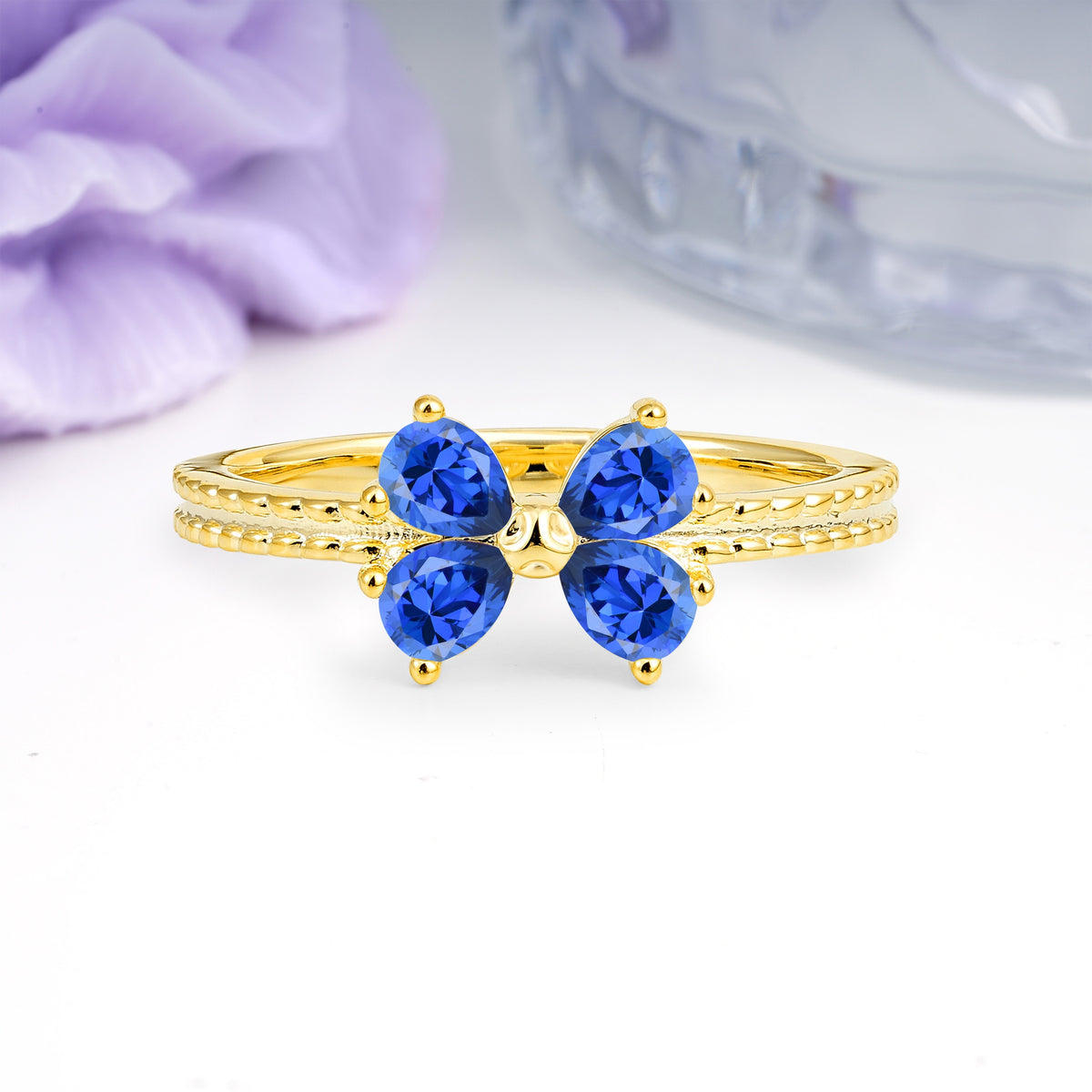 Four Marquise Butterfly Solitaire Milgrain Double Band Sapphire Engagement Ring - Additional view