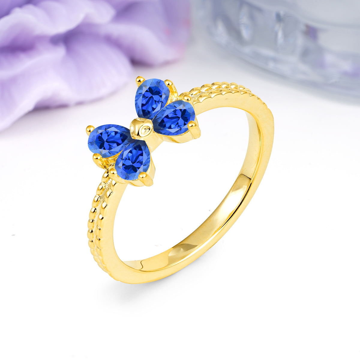 Four Marquise Butterfly Solitaire Milgrain Double Band Sapphire Engagement Ring - Additional view