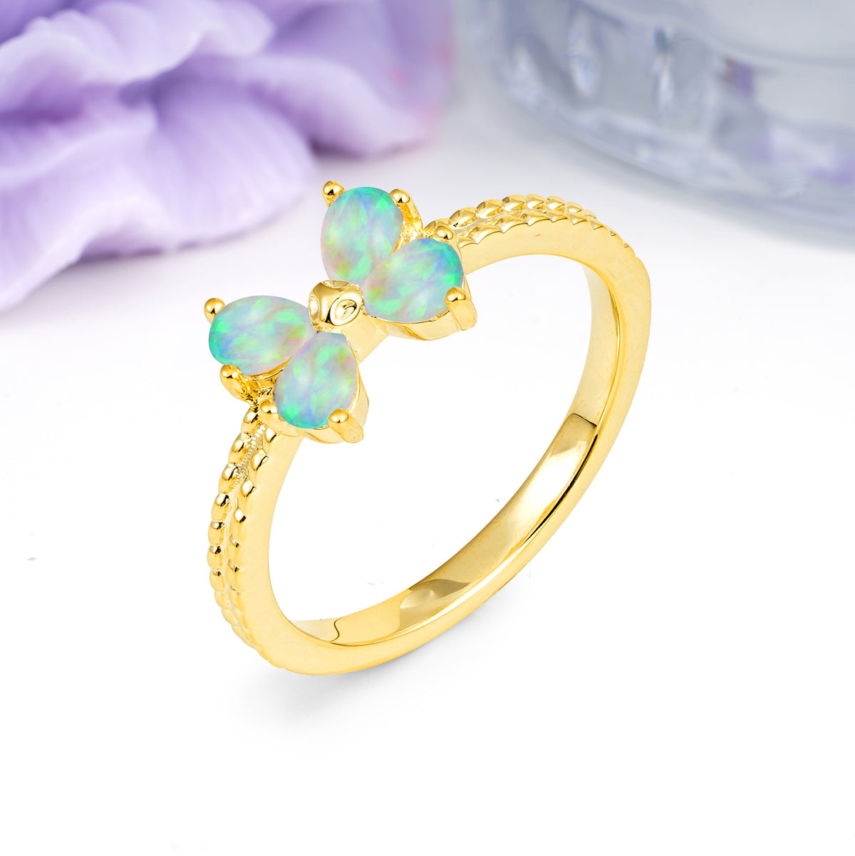 Four Marquise Butterfly Solitaire Milgrain Double Band Fire Opal Engagement Ring - Additional view