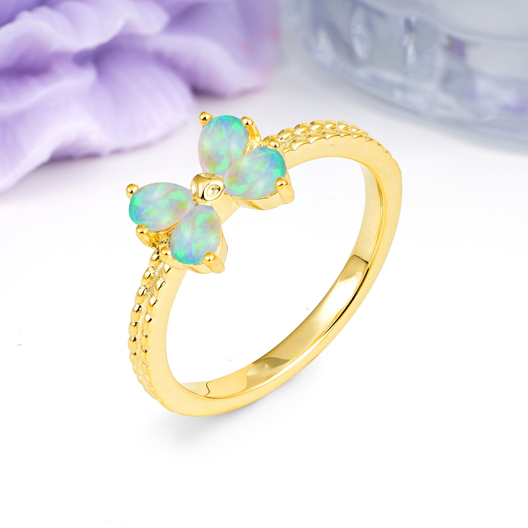 Four Marquise Butterfly Solitaire Milgrain Double Band Fire Opal Engagement Ring - Additional view