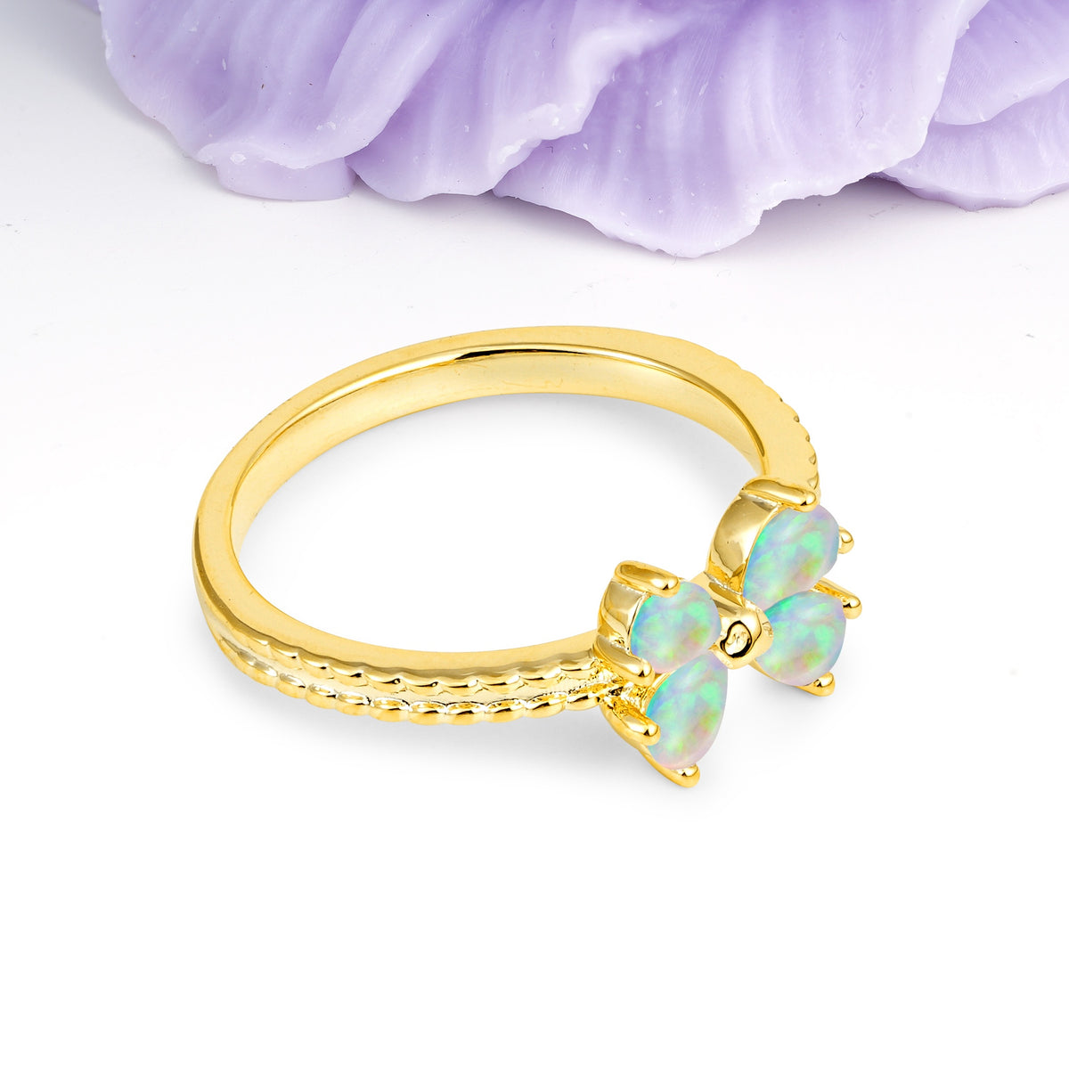 Four Marquise Butterfly Solitaire Milgrain Double Band Fire Opal Engagement Ring - Additional view