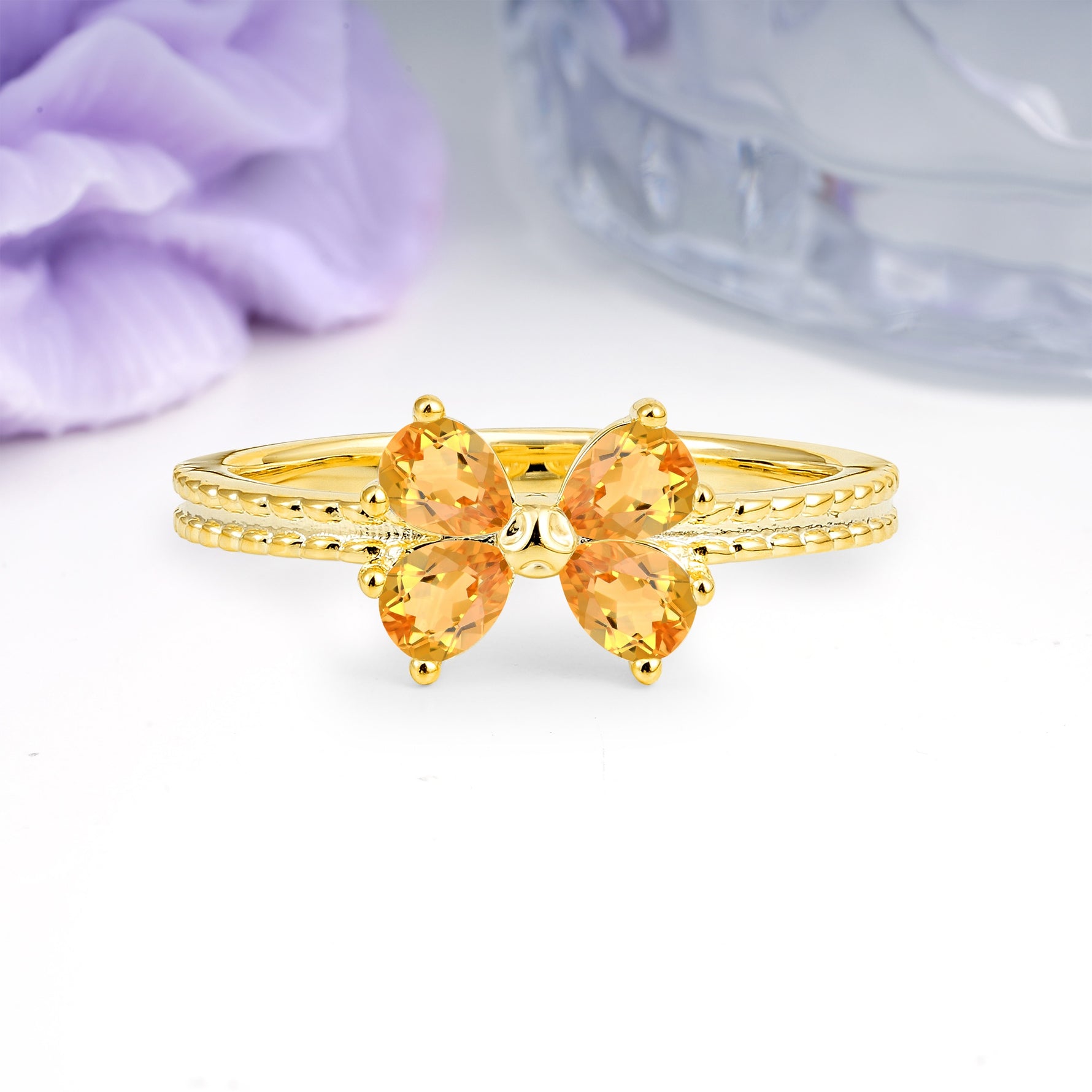 Four Marquise Butterfly Solitaire Milgrain Double Band Citrine Engagement Ring - Additional view