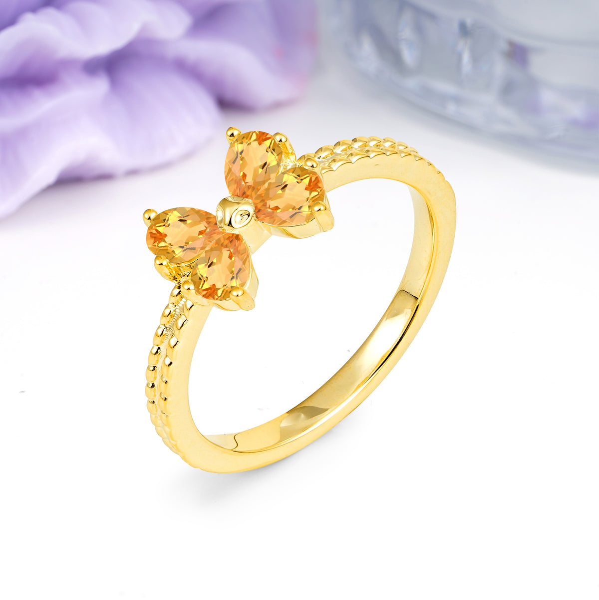 Four Marquise Butterfly Solitaire Milgrain Double Band Citrine Engagement Ring - Additional view