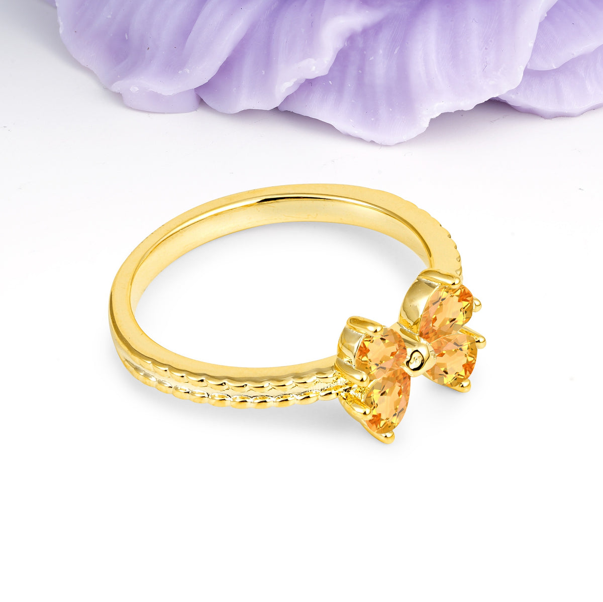 Four Marquise Butterfly Solitaire Milgrain Double Band Citrine Engagement Ring - Additional view