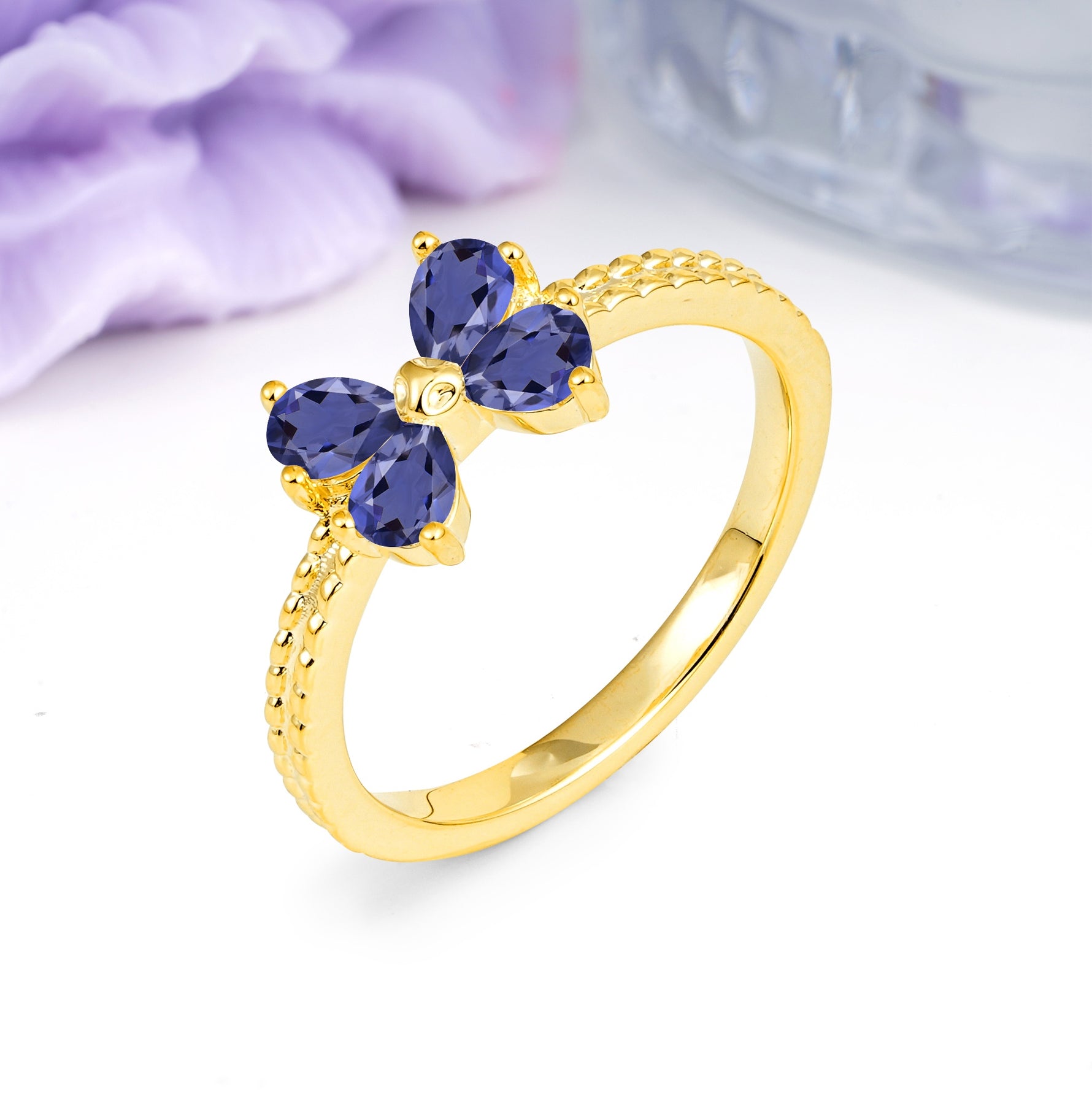Four Marquise Butterfly Solitaire Milgrain Double Band Tanzanite Engagement Ring - Additional view