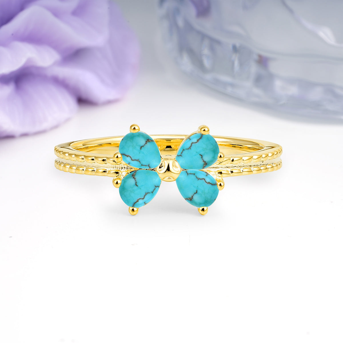 Four Marquise Butterfly Solitaire Milgrain Double Band Turquoise Engagement Ring - Additional view