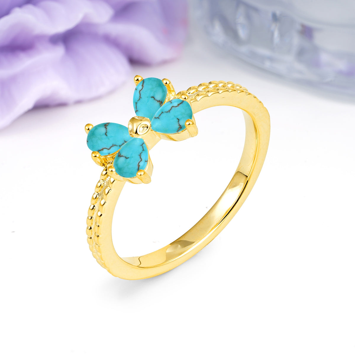 Four Marquise Butterfly Solitaire Milgrain Double Band Turquoise Engagement Ring - Additional view