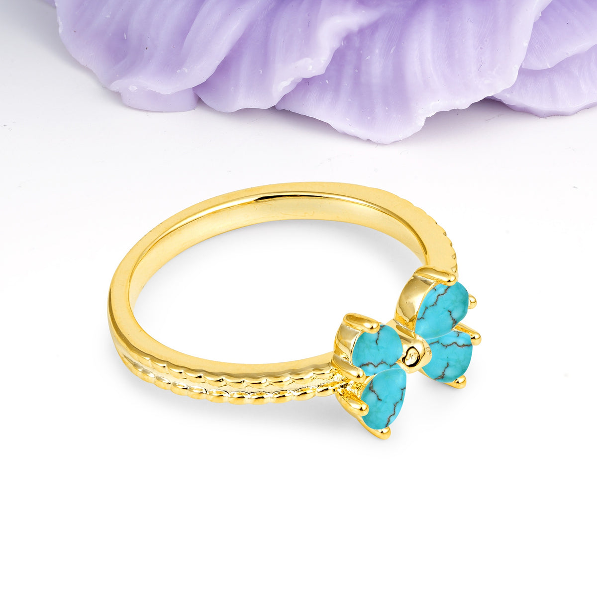 Four Marquise Butterfly Solitaire Milgrain Double Band Turquoise Engagement Ring - Additional view