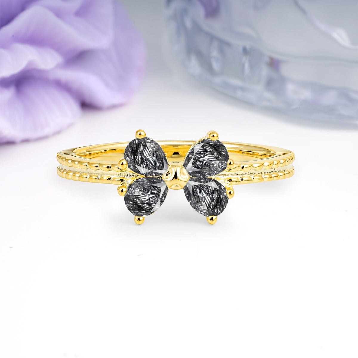 Four Marquise Butterfly Solitaire Milgrain Double Band Black Rutilated Quartz Engagement Ring - Additional view