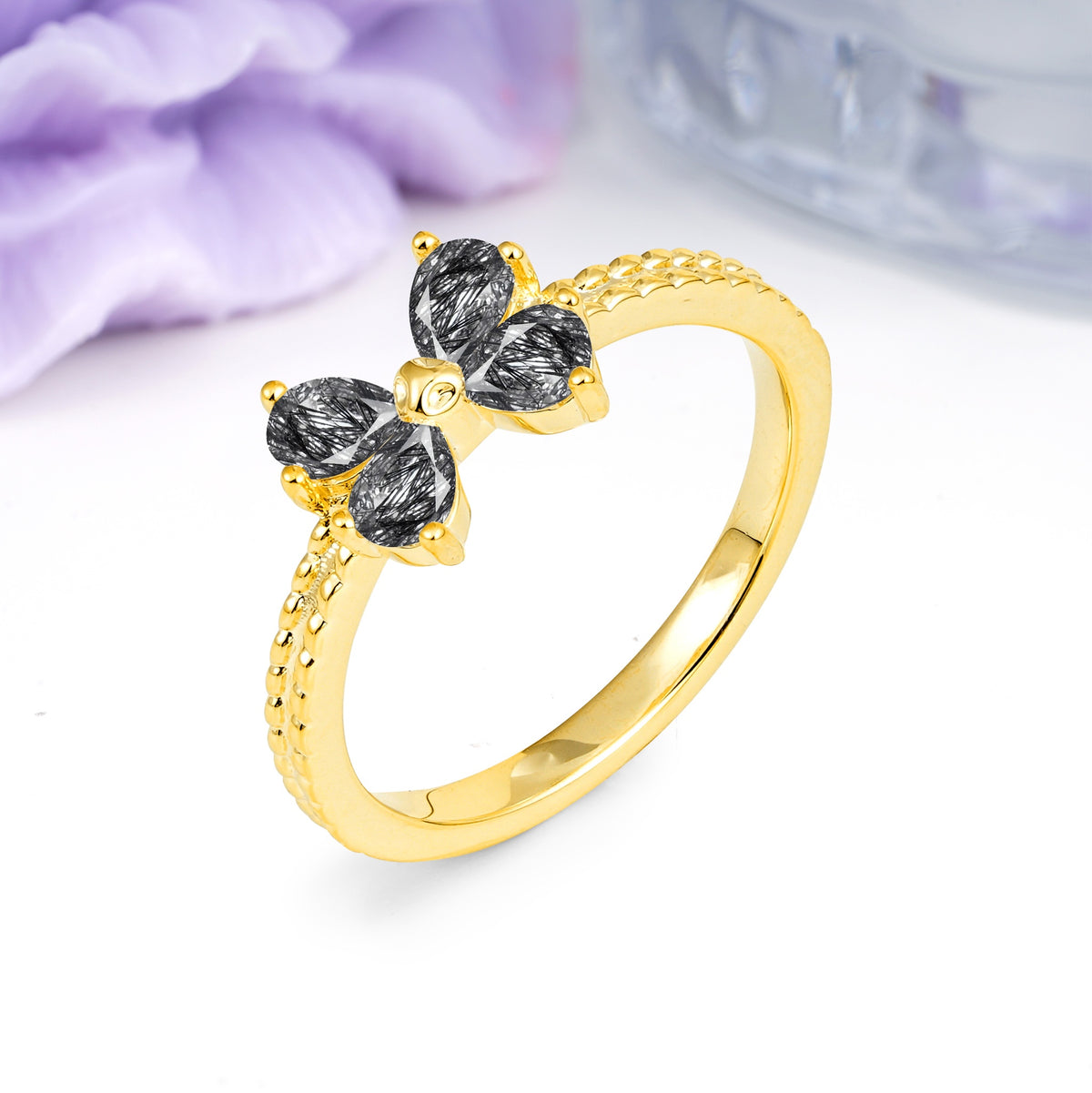 Four Marquise Butterfly Solitaire Milgrain Double Band Black Rutilated Quartz Engagement Ring - Additional view
