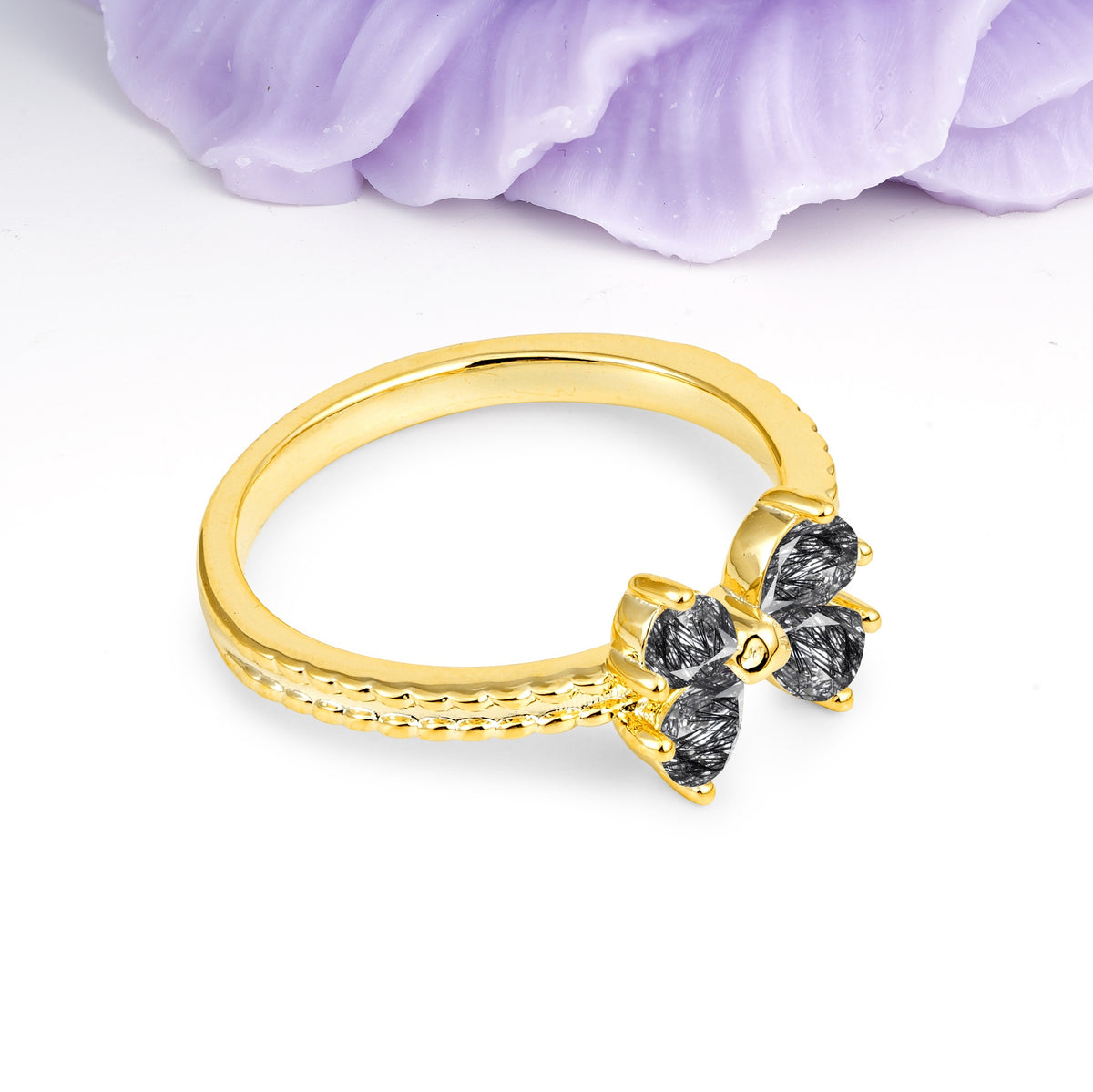 Four Marquise Butterfly Solitaire Milgrain Double Band Black Rutilated Quartz Engagement Ring - Additional view