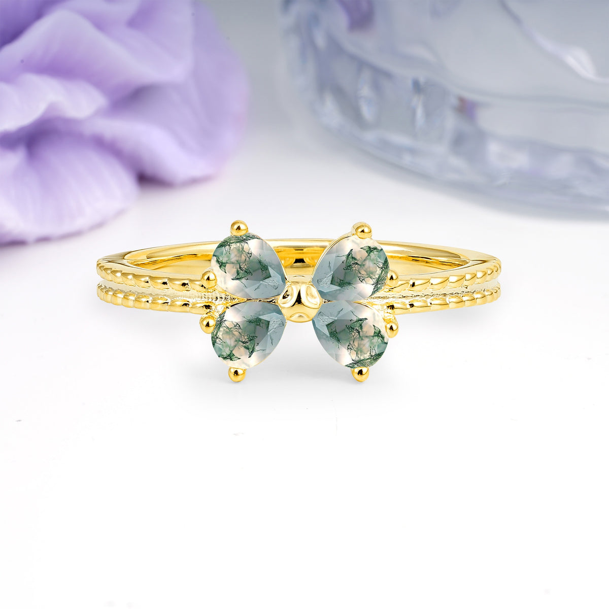 Four Marquise Butterfly Solitaire Milgrain Double Band Moss Agate Engagement Ring - Additional view