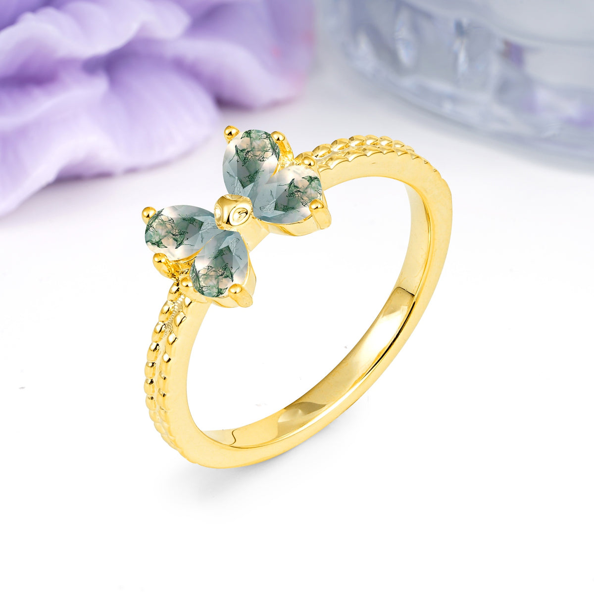 Four Marquise Butterfly Solitaire Milgrain Double Band Moss Agate Engagement Ring - Additional view