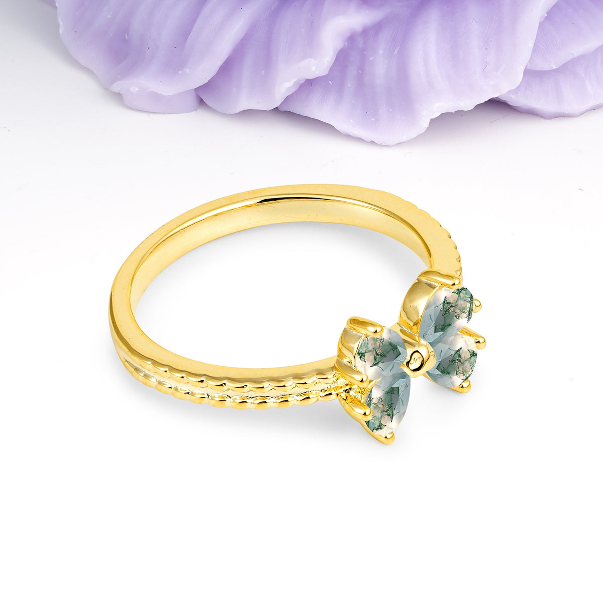 Four Marquise Butterfly Solitaire Milgrain Double Band Moss Agate Engagement Ring - Additional view