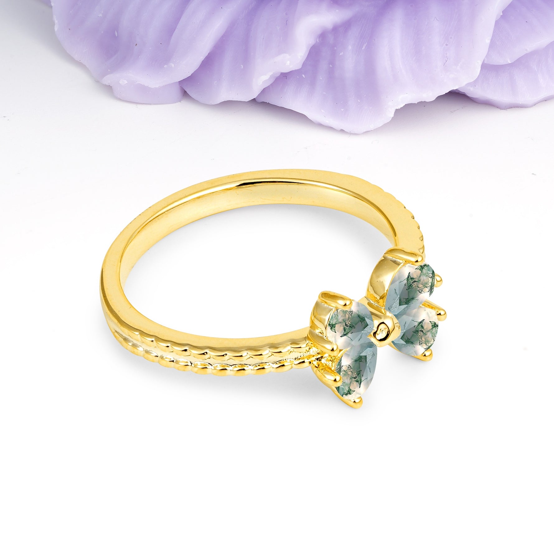 Four Marquise Butterfly Solitaire Milgrain Double Band Moss Agate Engagement Ring - Additional view