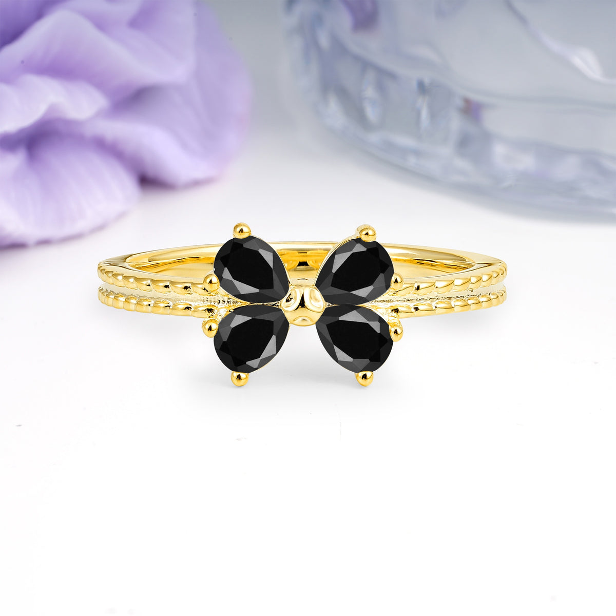 Four Marquise Butterfly Solitaire Milgrain Double Band Black Onyx Engagement Ring - Additional view
