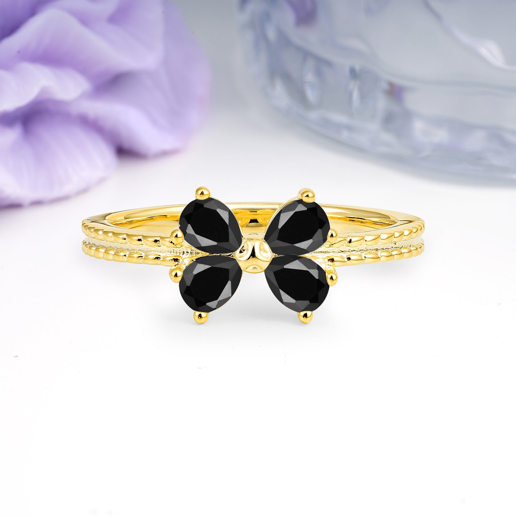 Four Marquise Butterfly Solitaire Milgrain Double Band Black Onyx Engagement Ring - Additional view