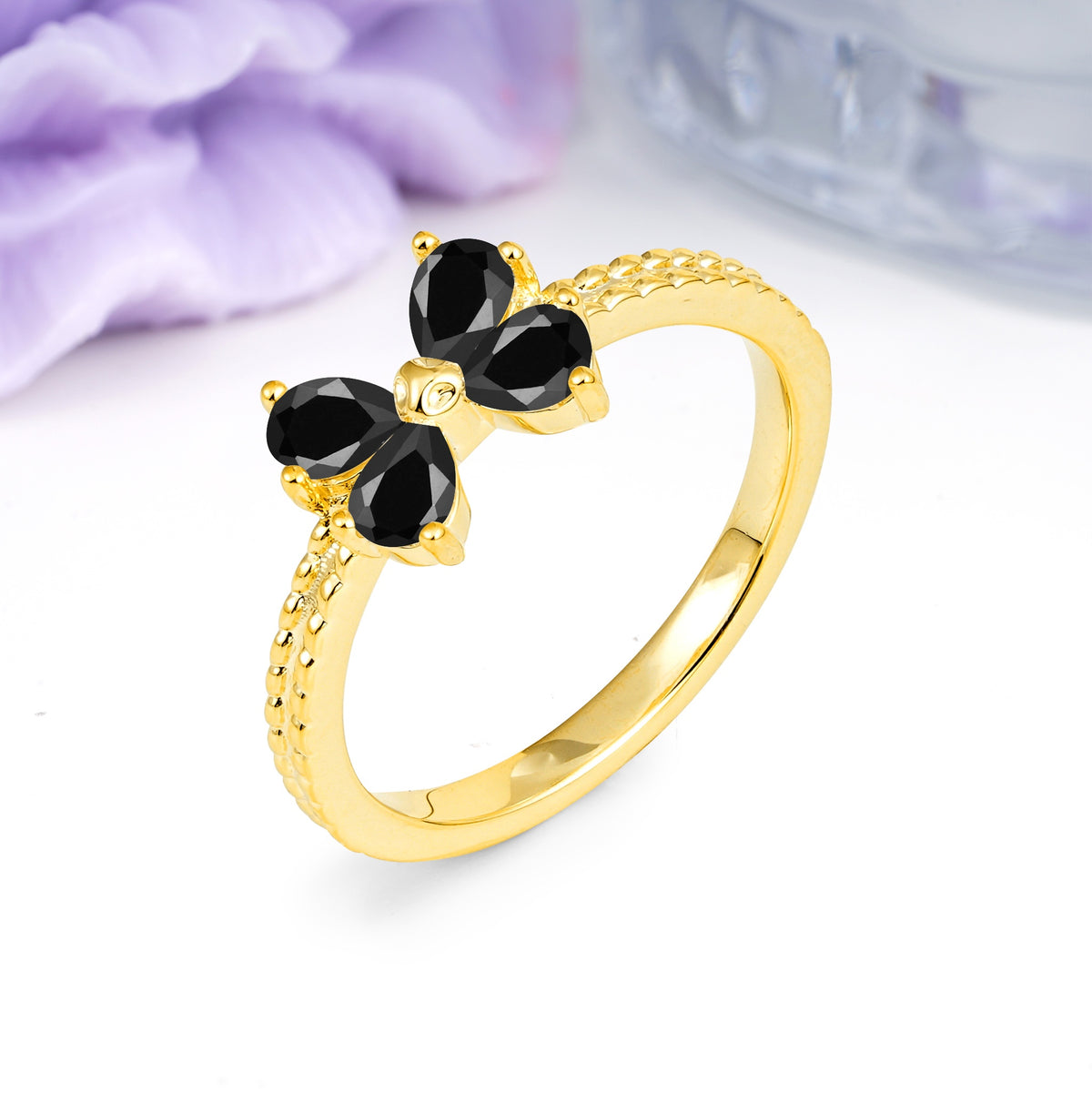 Four Marquise Butterfly Solitaire Milgrain Double Band Black Onyx Engagement Ring - Additional view