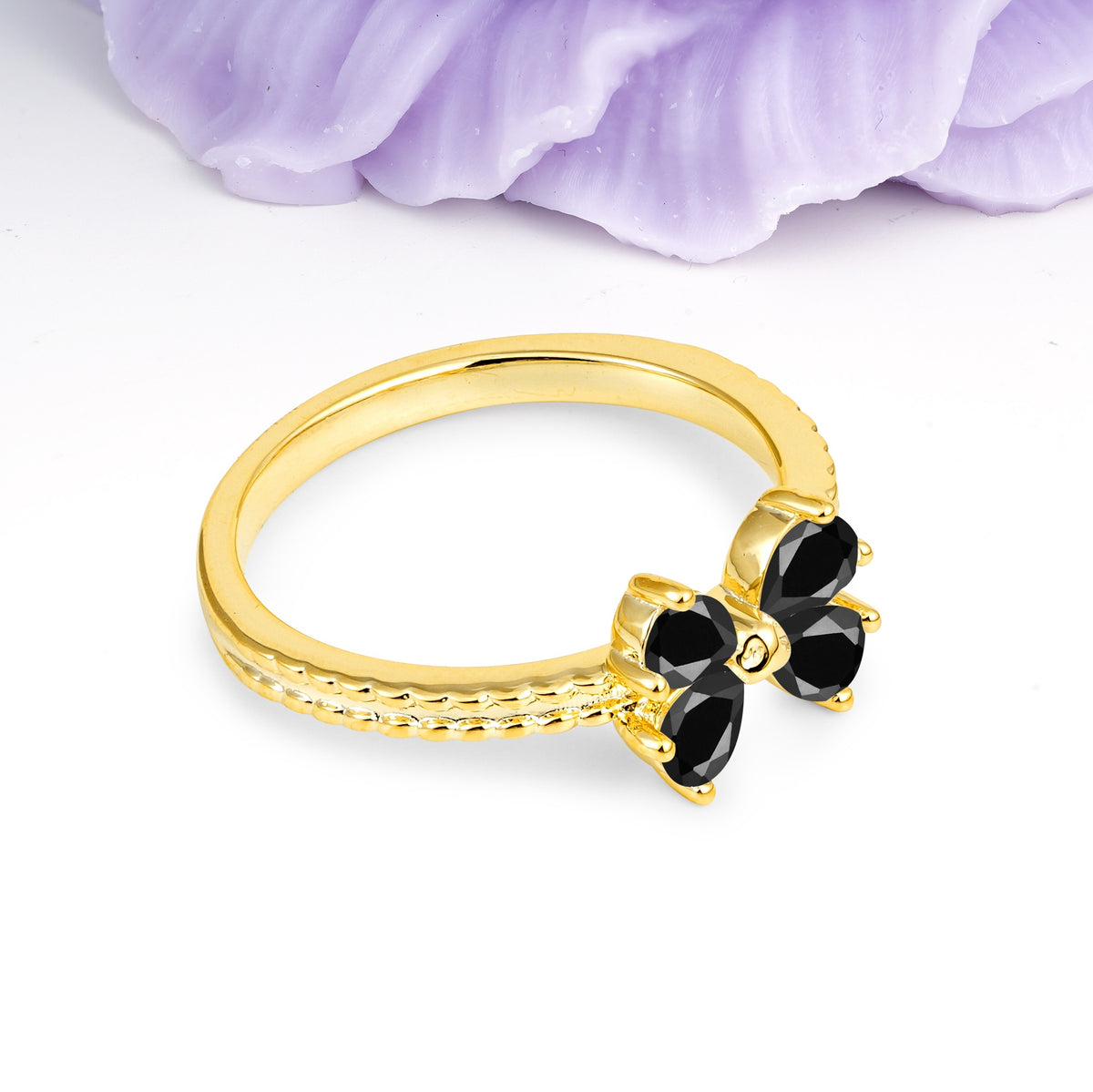 Four Marquise Butterfly Solitaire Milgrain Double Band Black Onyx Engagement Ring - Additional view