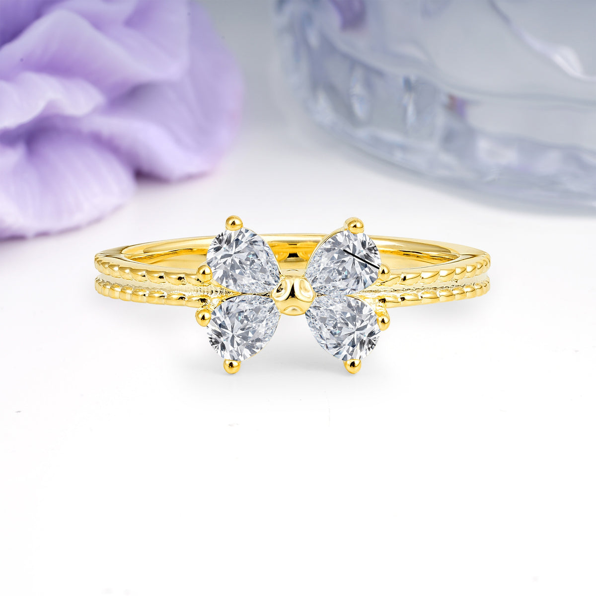 Four Marquise Butterfly Solitaire Milgrain Double Band Lab Diamond Engagement Ring - Additional view