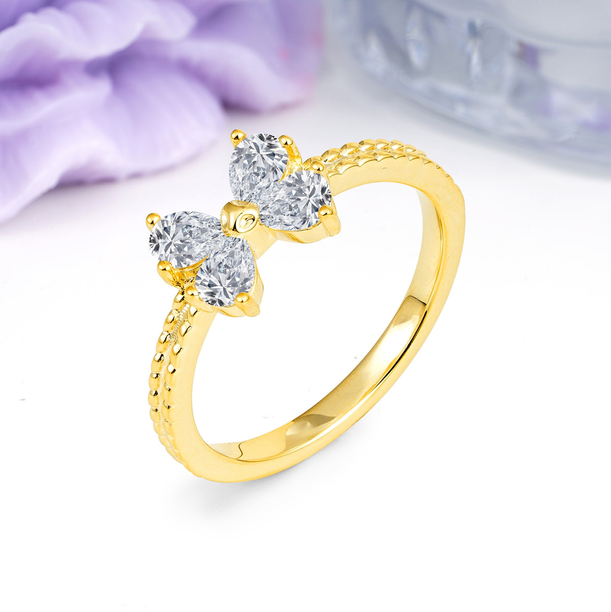 Four Marquise Butterfly Solitaire Milgrain Double Band Lab Diamond Engagement Ring - Additional view