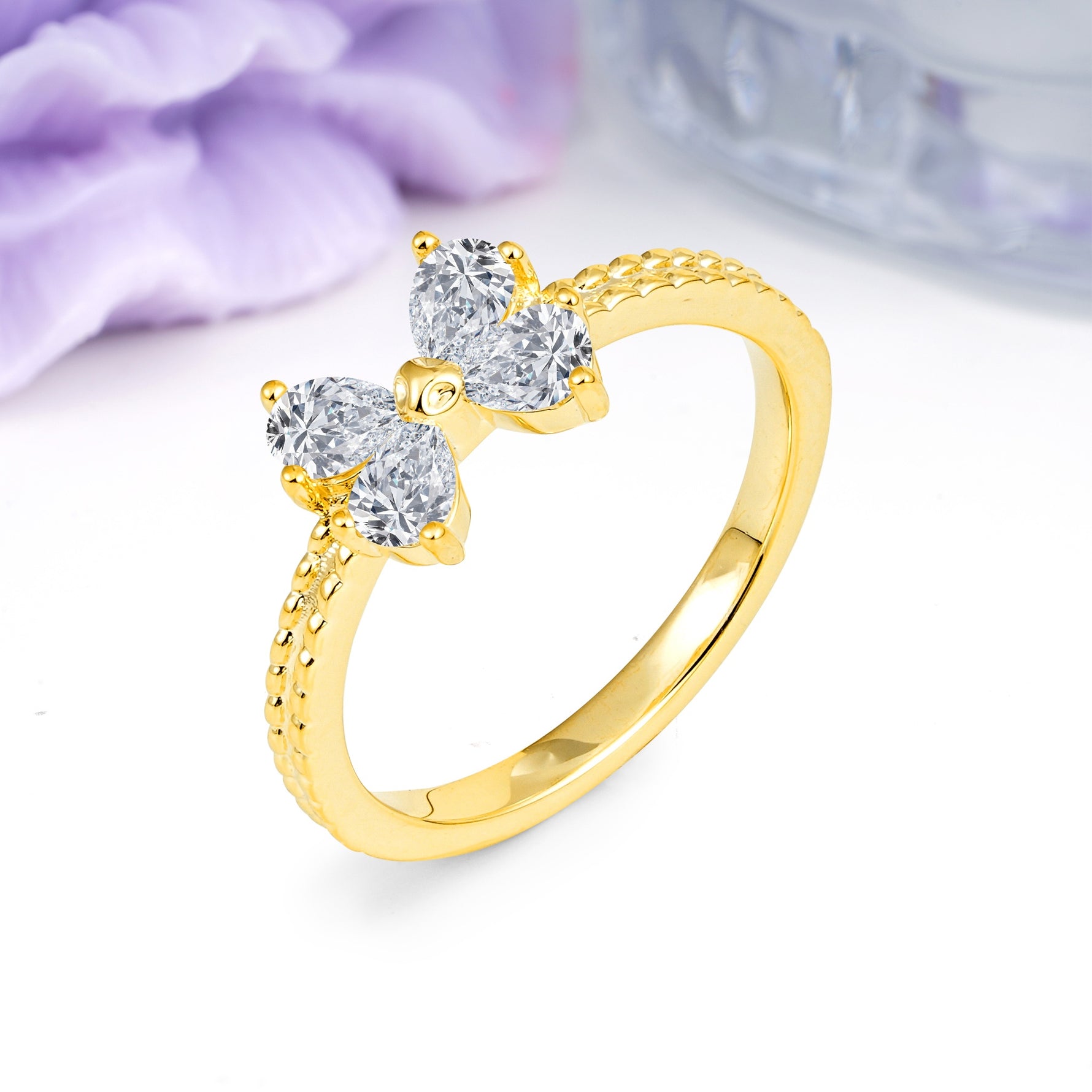 Four Marquise Butterfly Solitaire Milgrain Double Band Lab Diamond Engagement Ring - Additional view