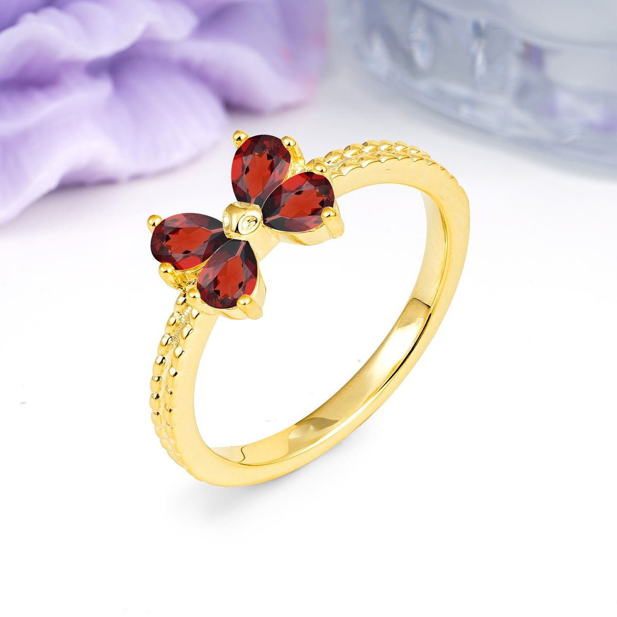 Four Marquise Butterfly Solitaire Milgrain Double Band Garnet Engagement Ring - Additional view