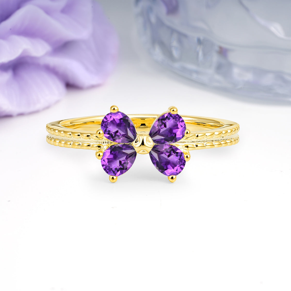 Four Marquise Butterfly Solitaire Milgrain Double Band Amethyst Engagement Ring - Additional view