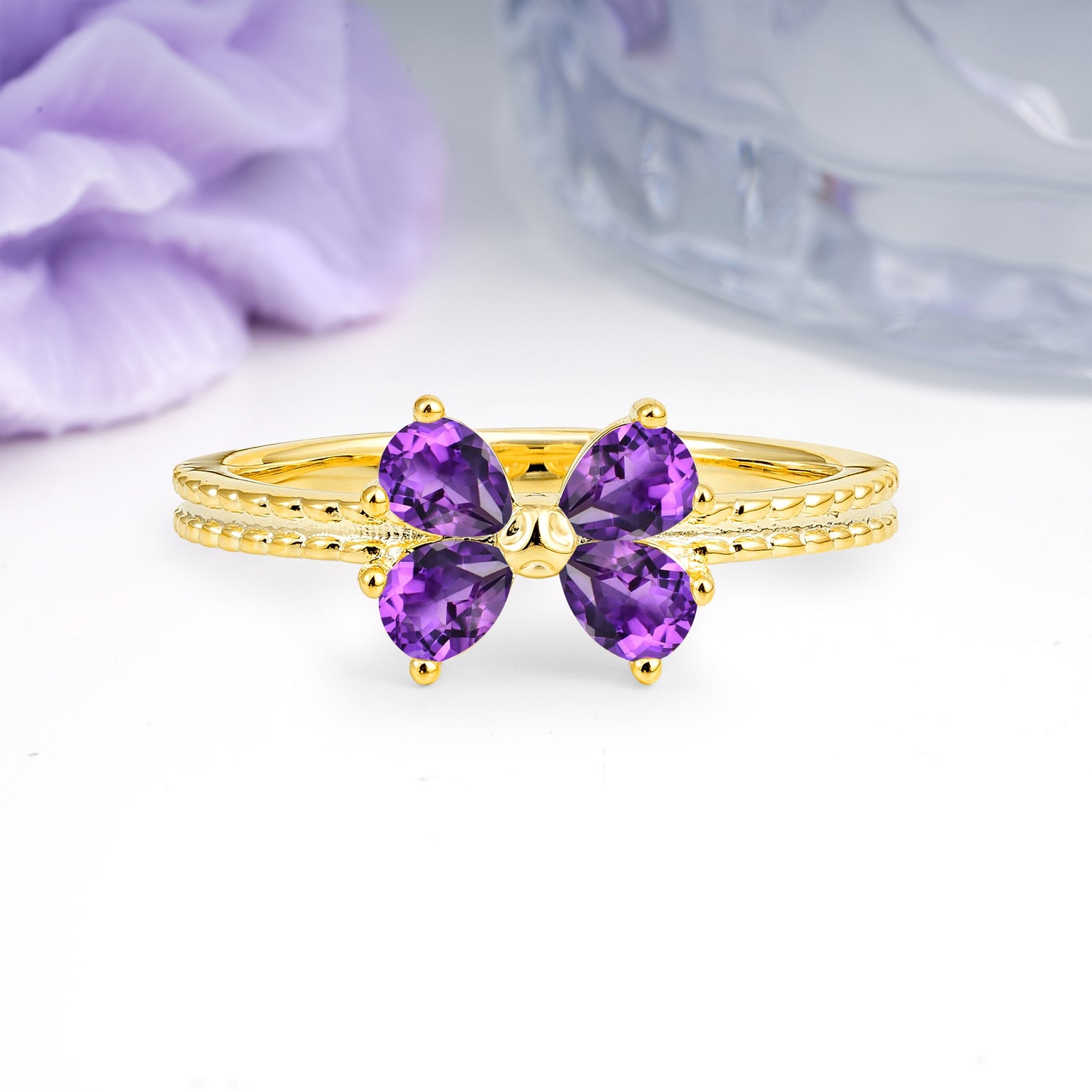 Four Marquise Butterfly Solitaire Milgrain Double Band Amethyst Engagement Ring - Additional view