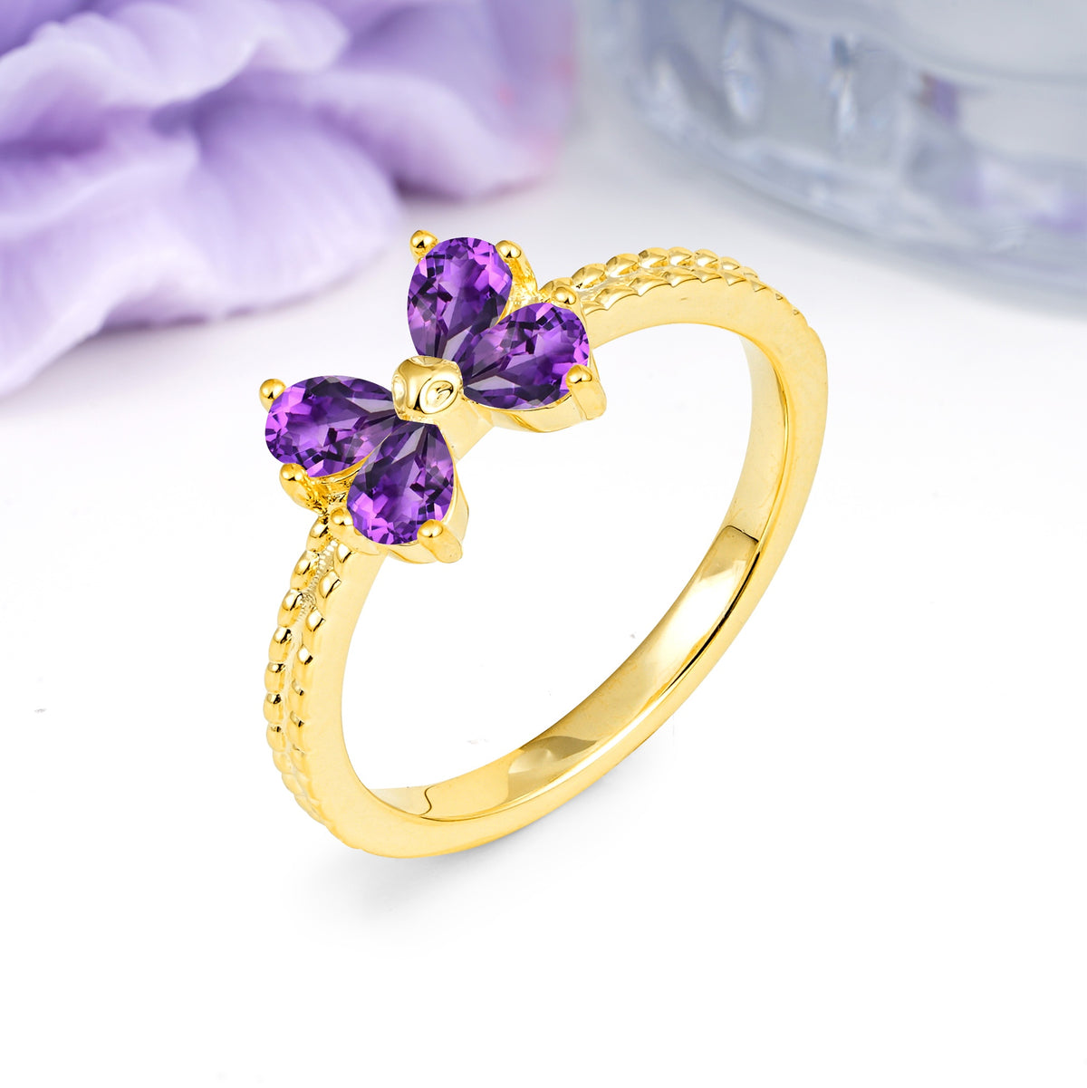 Four Marquise Butterfly Solitaire Milgrain Double Band Amethyst Engagement Ring - Additional view