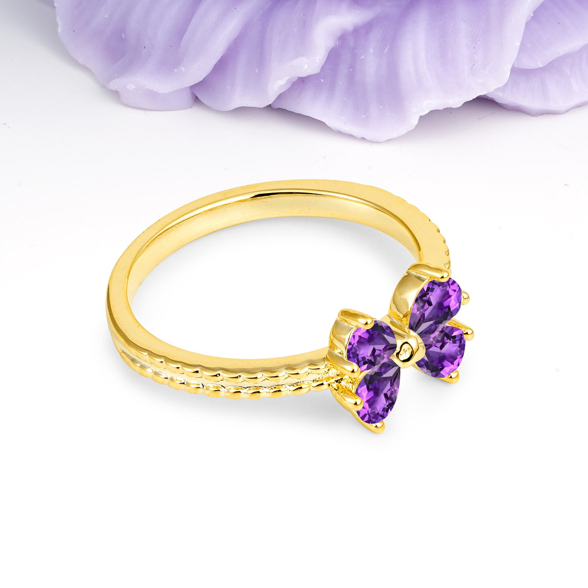 Four Marquise Butterfly Solitaire Milgrain Double Band Amethyst Engagement Ring - Additional view