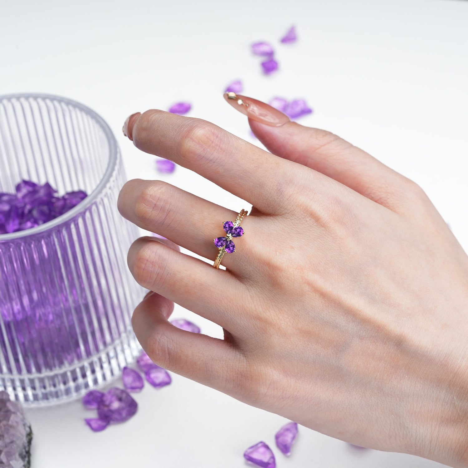 Four Marquise Butterfly Solitaire Milgrain Double Band Amethyst Engagement Ring - Additional view