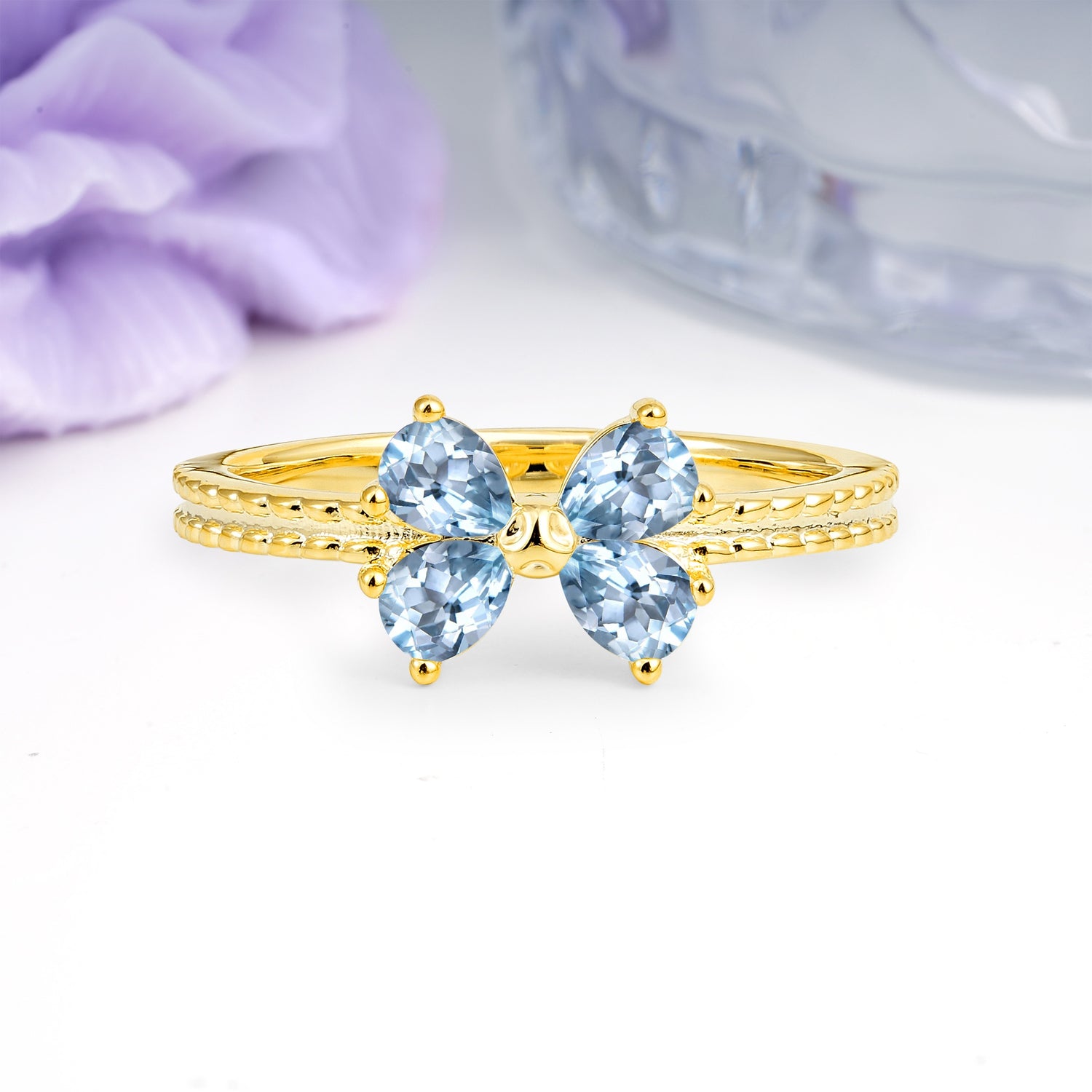 Four Marquise Butterfly Solitaire Milgrain Double Band Aquamarine Engagement Ring - Additional view