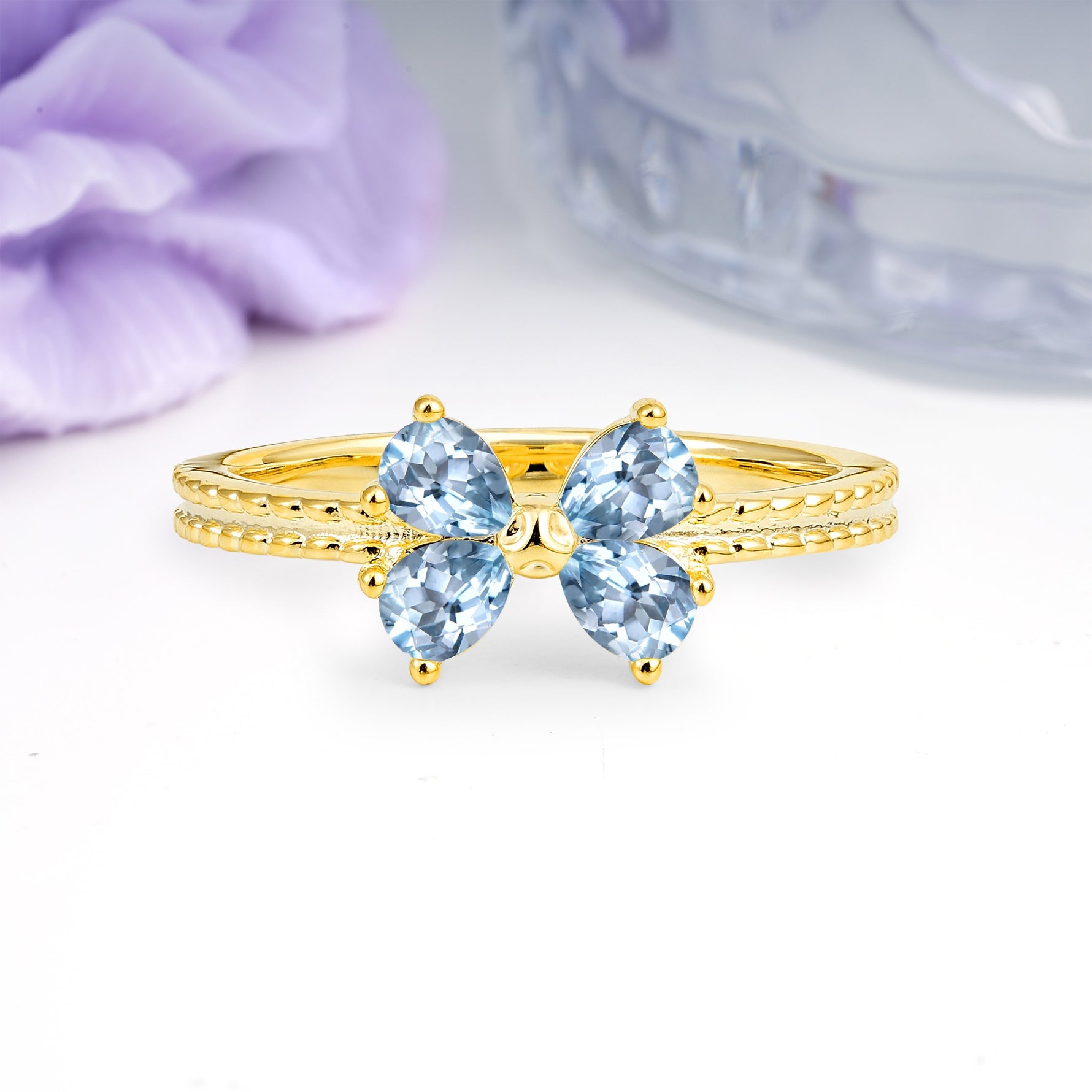 Four Marquise Butterfly Solitaire Milgrain Double Band Aquamarine Engagement Ring - Additional view