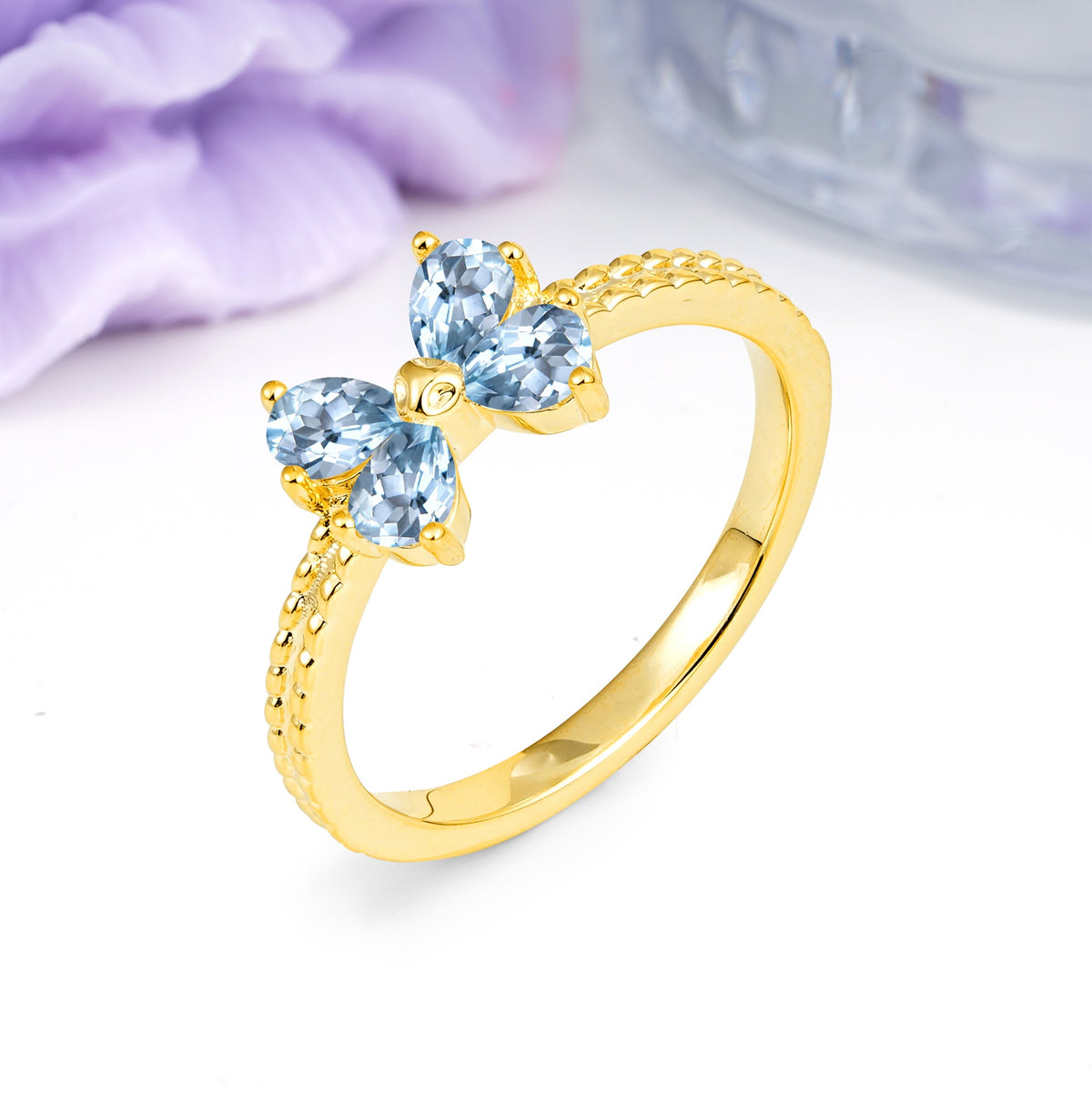 Four Marquise Butterfly Solitaire Milgrain Double Band Aquamarine Engagement Ring - Additional view