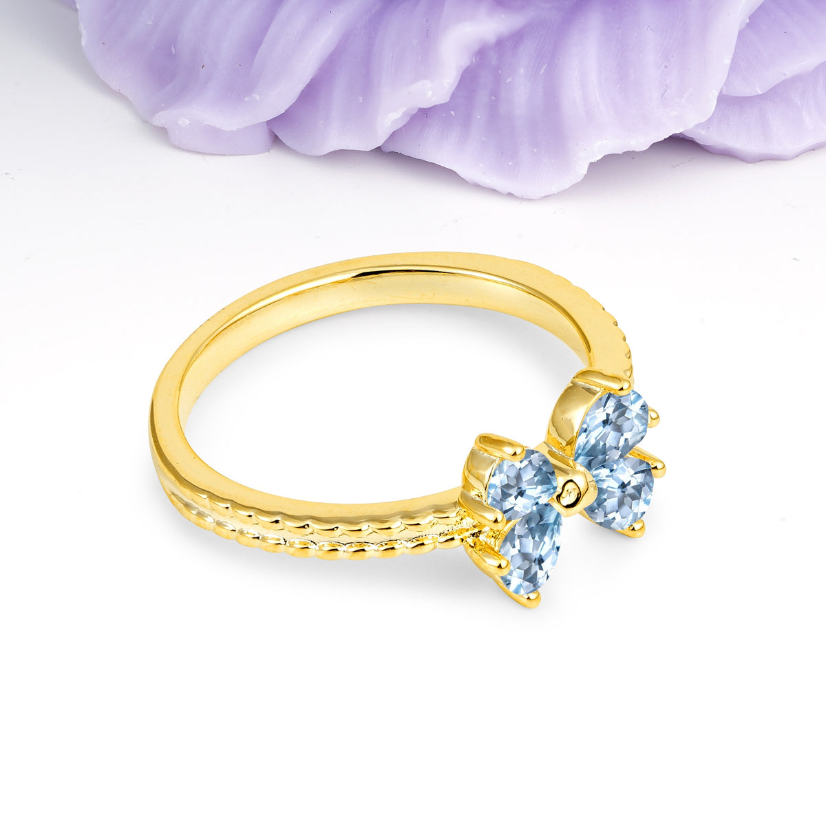 Four Marquise Butterfly Solitaire Milgrain Double Band Aquamarine Engagement Ring - Additional view