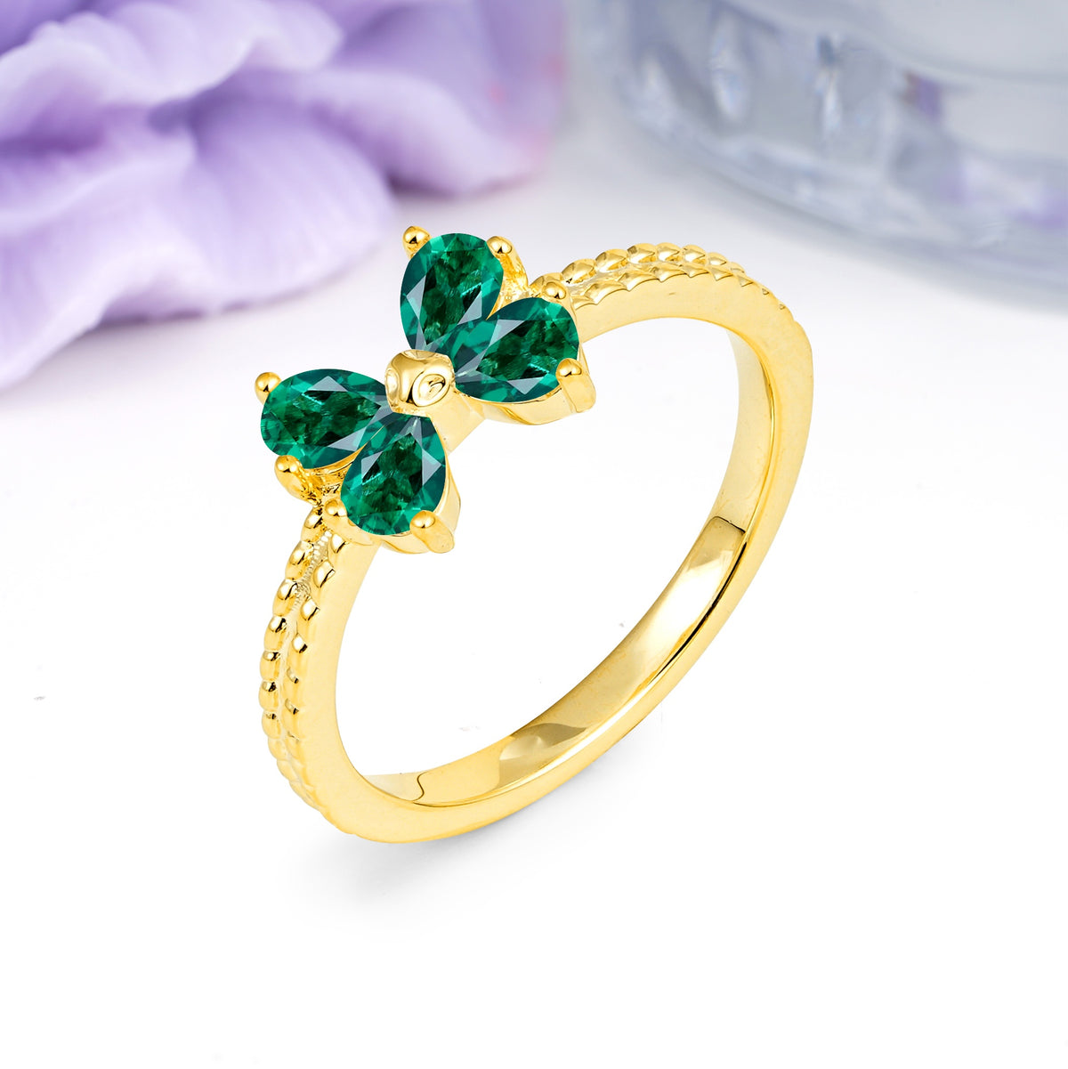 Four Marquise Butterfly Solitaire Milgrain Double Band Emerald Engagement Ring - Additional view
