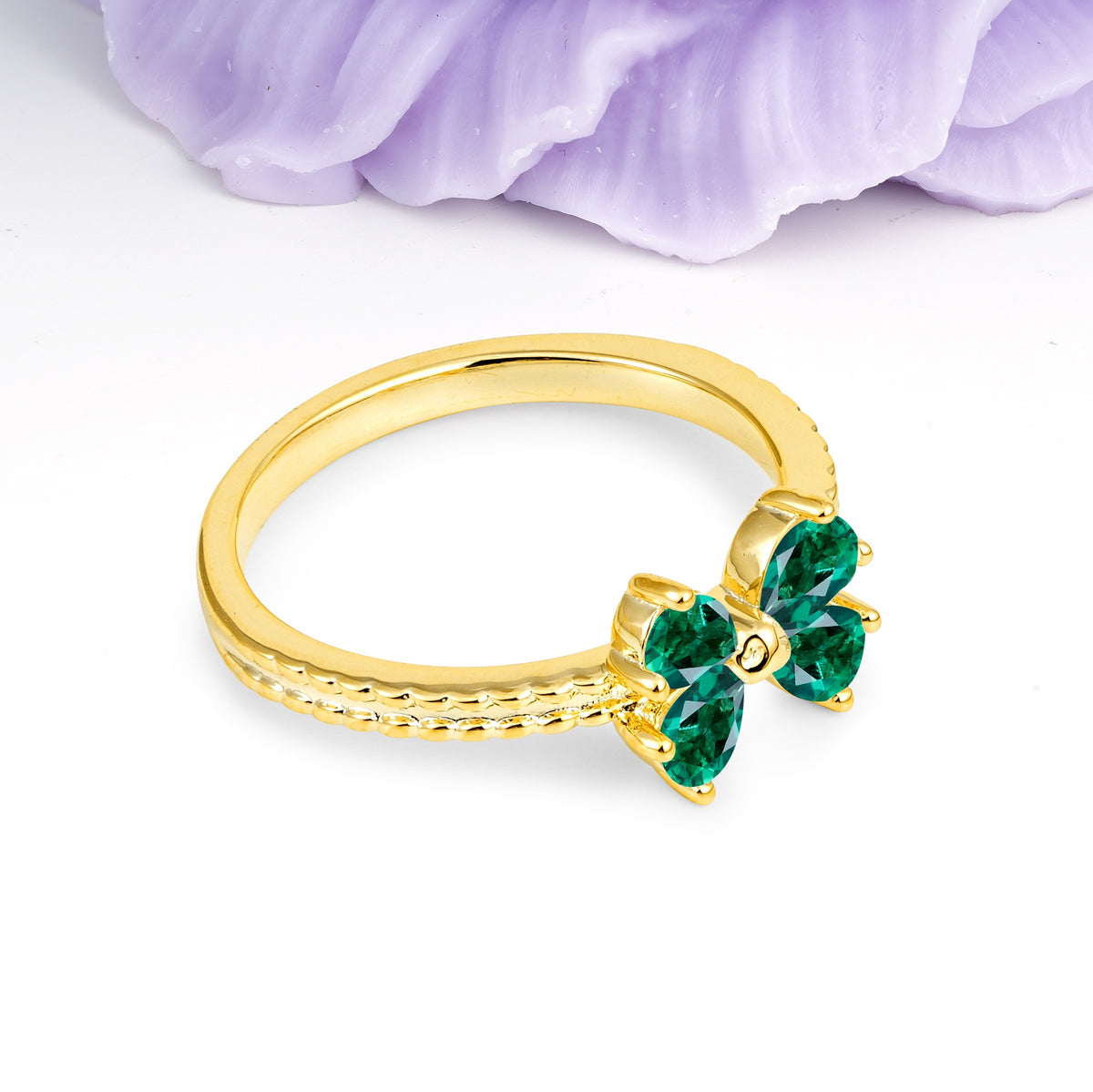 Four Marquise Butterfly Solitaire Milgrain Double Band Emerald Engagement Ring - Additional view