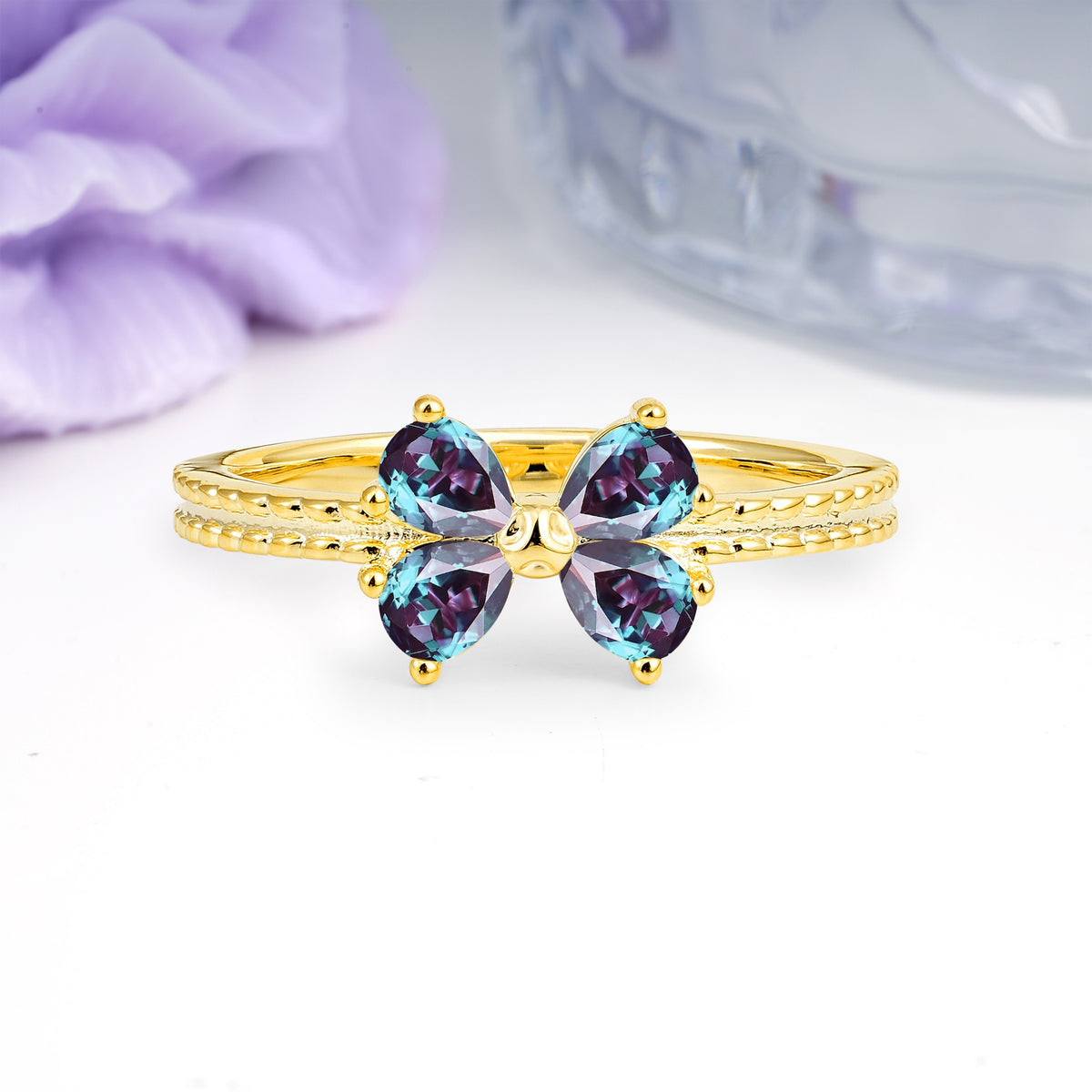 Four Marquise Butterfly Solitaire Milgrain Double Band Alexandrite Engagement Ring - Additional view
