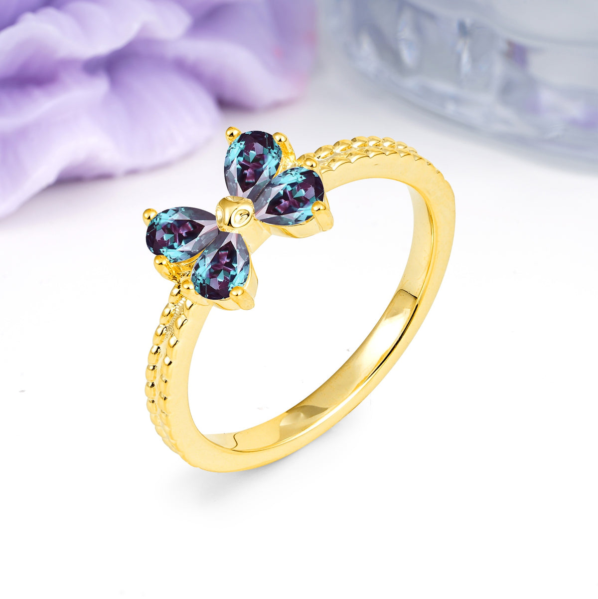 Four Marquise Butterfly Solitaire Milgrain Double Band Alexandrite Engagement Ring - Additional view