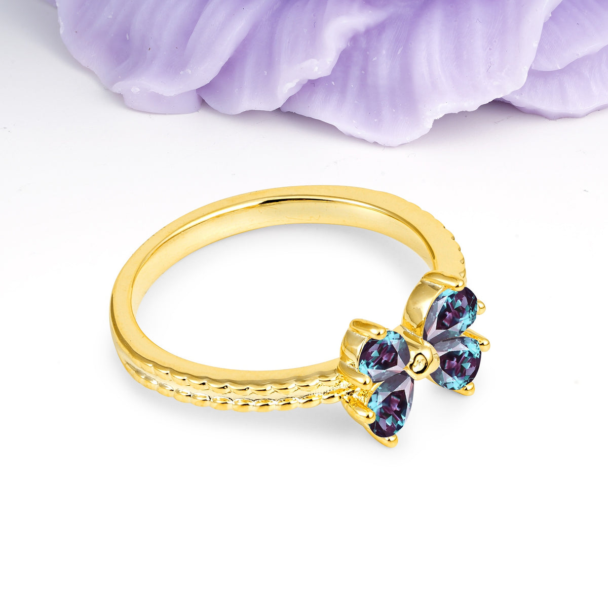 Four Marquise Butterfly Solitaire Milgrain Double Band Alexandrite Engagement Ring - Additional view
