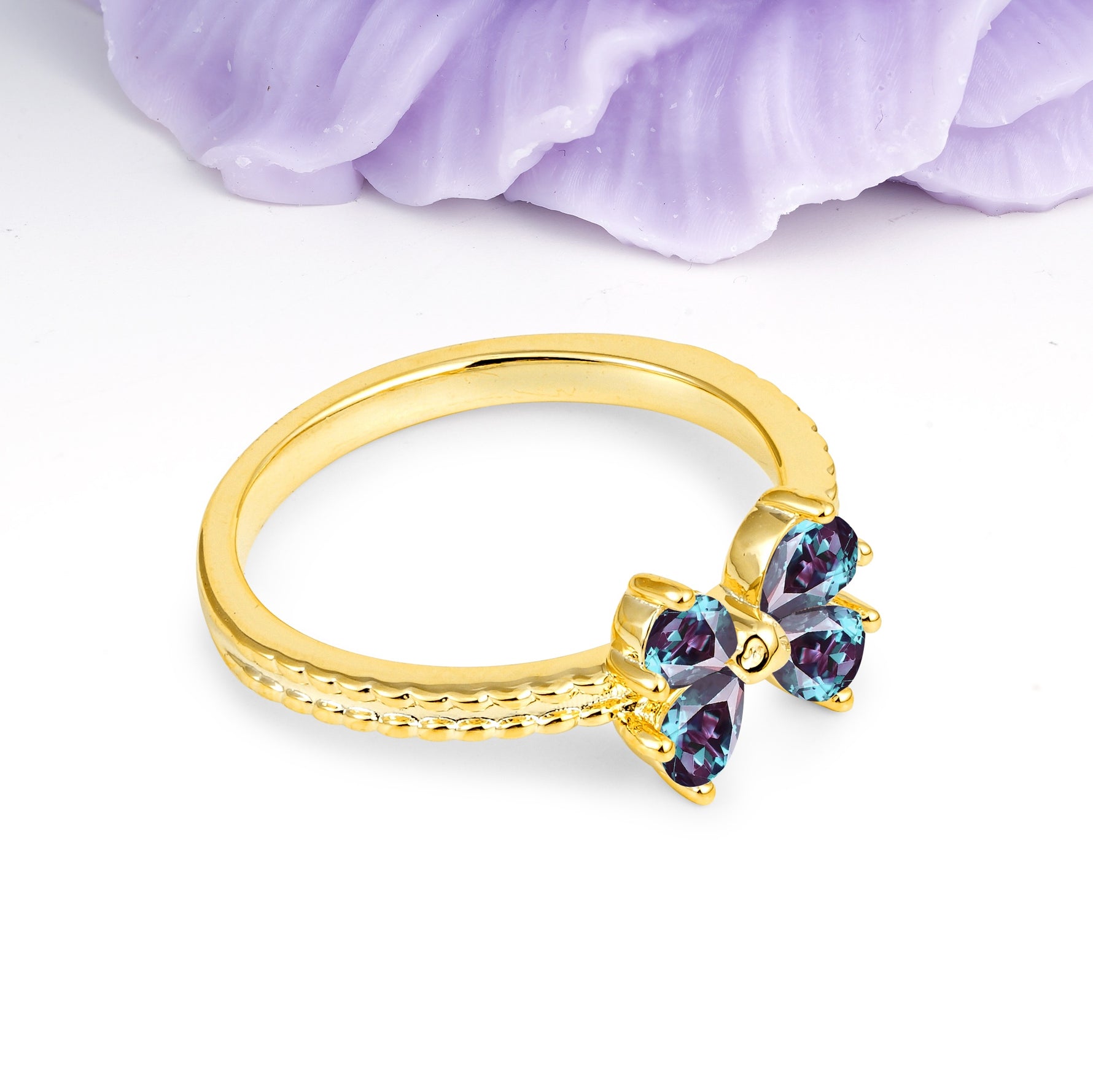 Four Marquise Butterfly Solitaire Milgrain Double Band Alexandrite Engagement Ring - Additional view