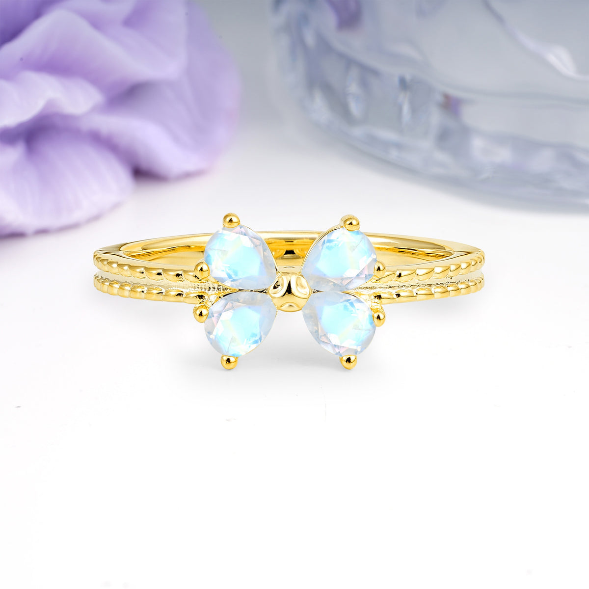 Four Marquise Butterfly Solitaire Milgrain Double Band Moonstone Engagement Ring - Additional view