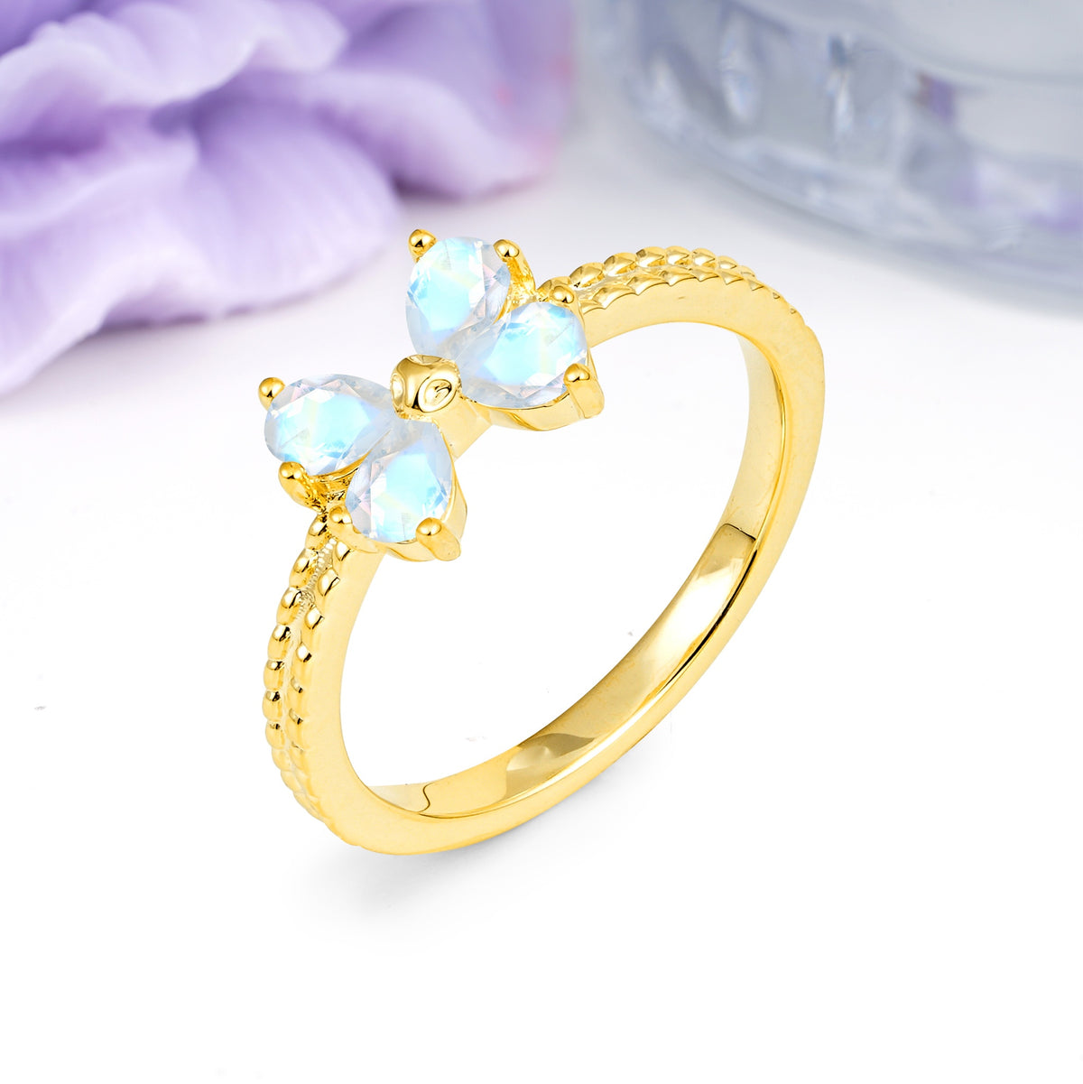 Four Marquise Butterfly Solitaire Milgrain Double Band Moonstone Engagement Ring - Additional view
